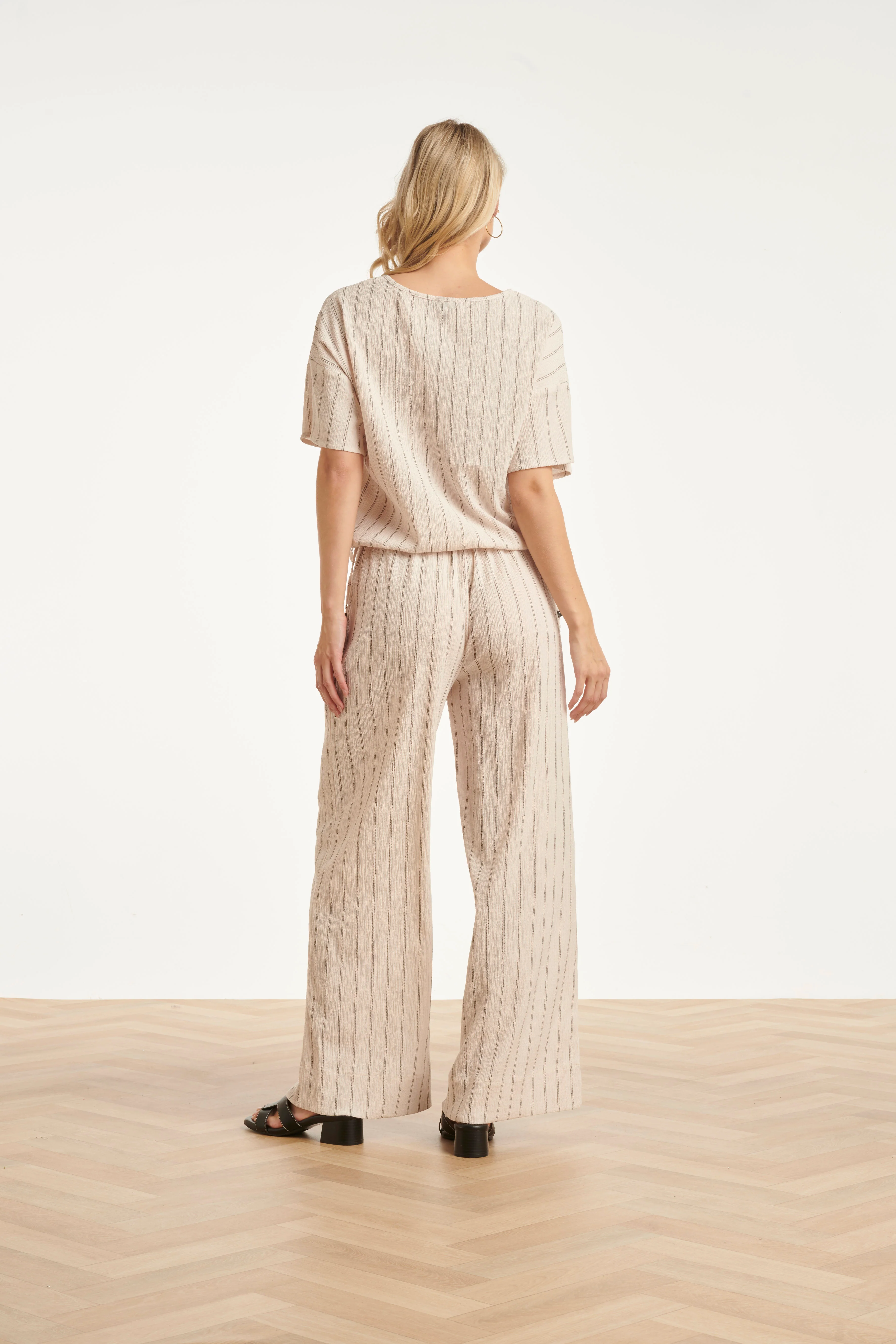 Gestreepte Broek Met Ingeweven Structuur En Elastische Tailleband | Off White - Black - Image 11