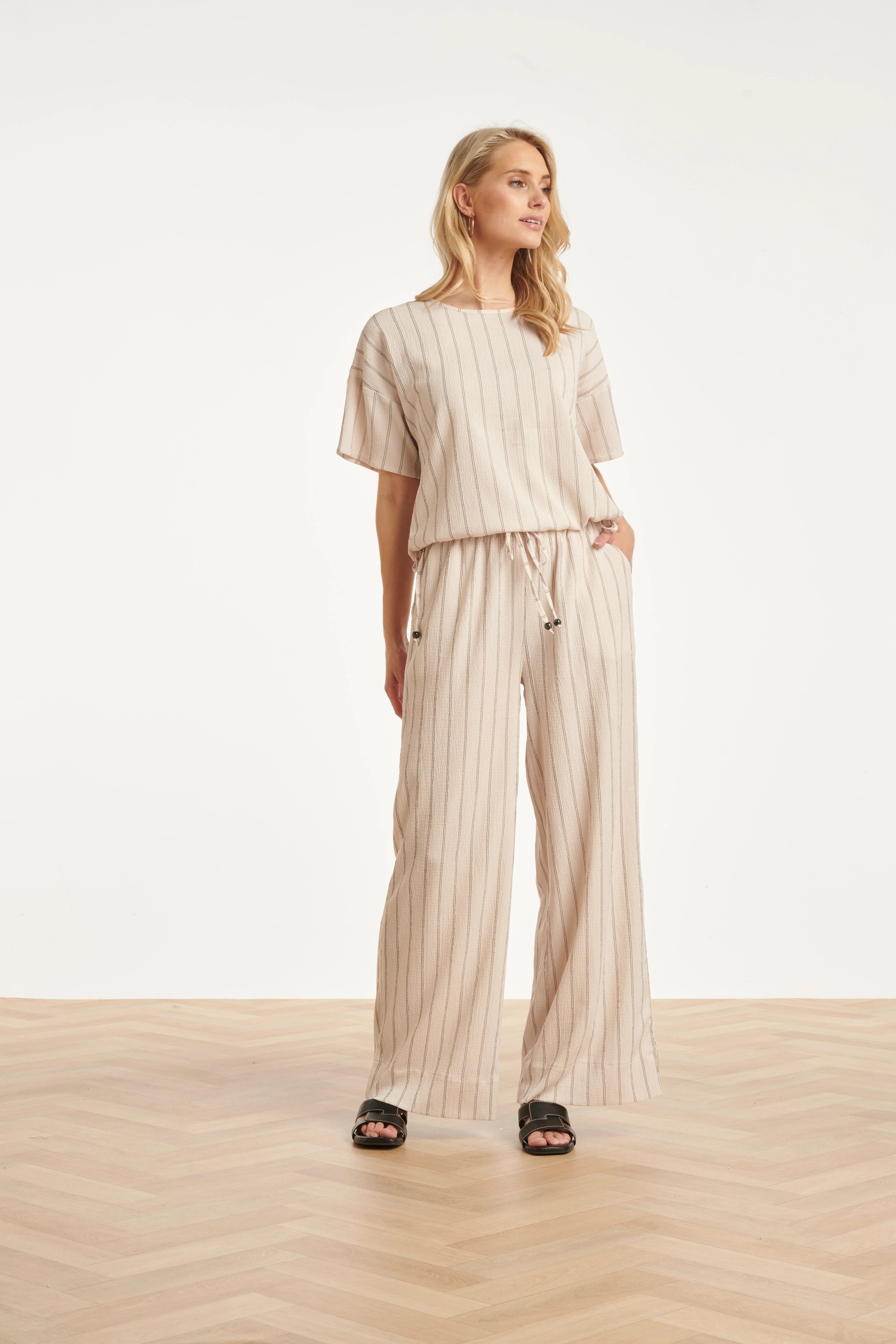 Gestreepte Broek Met Ingeweven Structuur En Elastische Tailleband | Off White - Black - Image 2