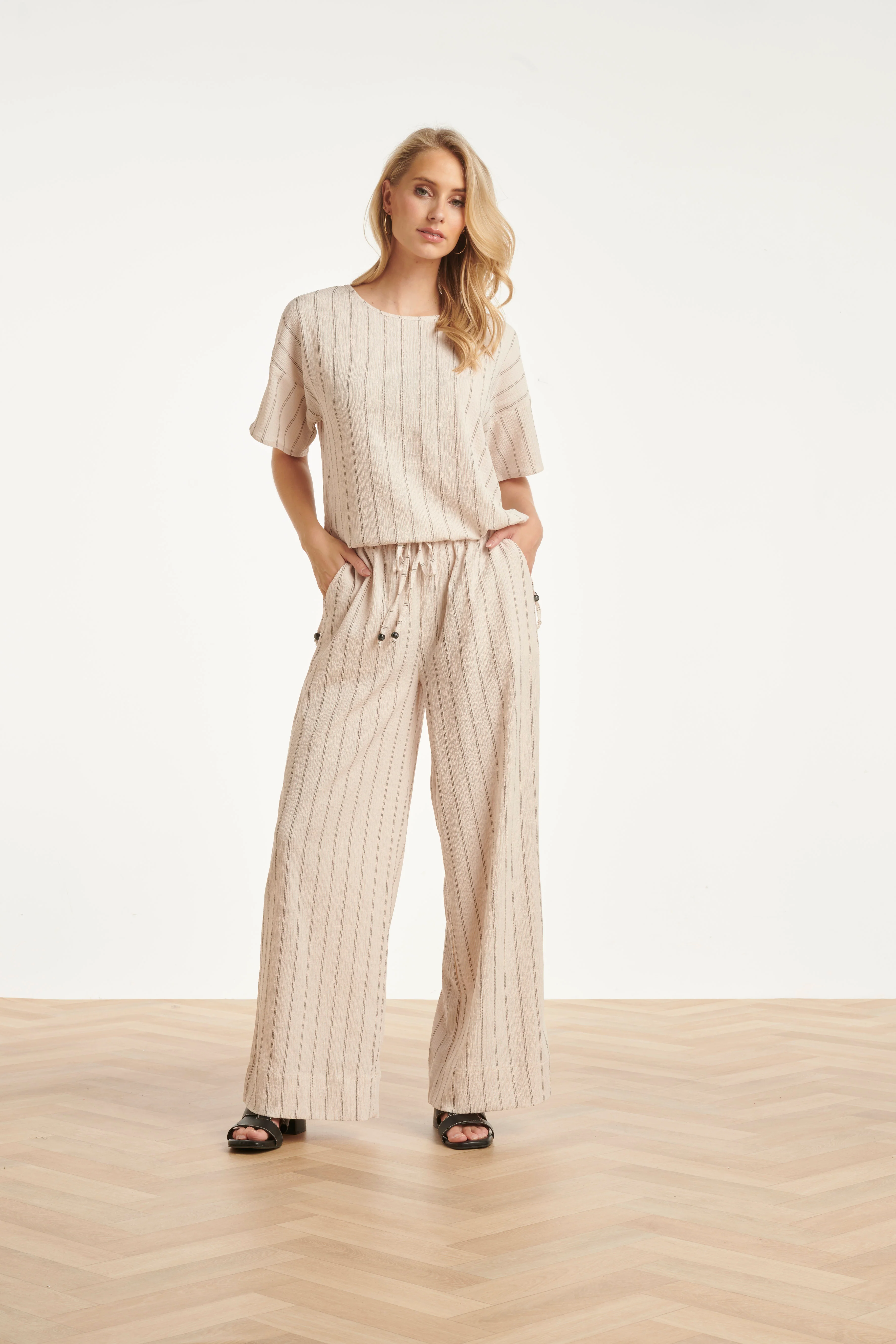 Gestreepte Broek Met Ingeweven Structuur En Elastische Tailleband | Off White - Black - Image 5
