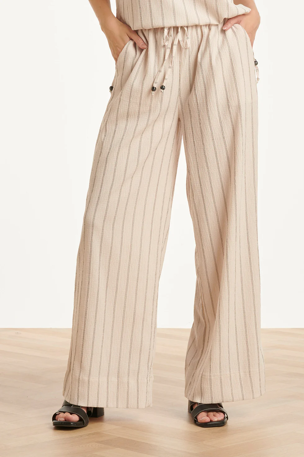 Gestreepte Broek Met Ingeweven Structuur En Elastische Tailleband | Off White - Black - Image 6