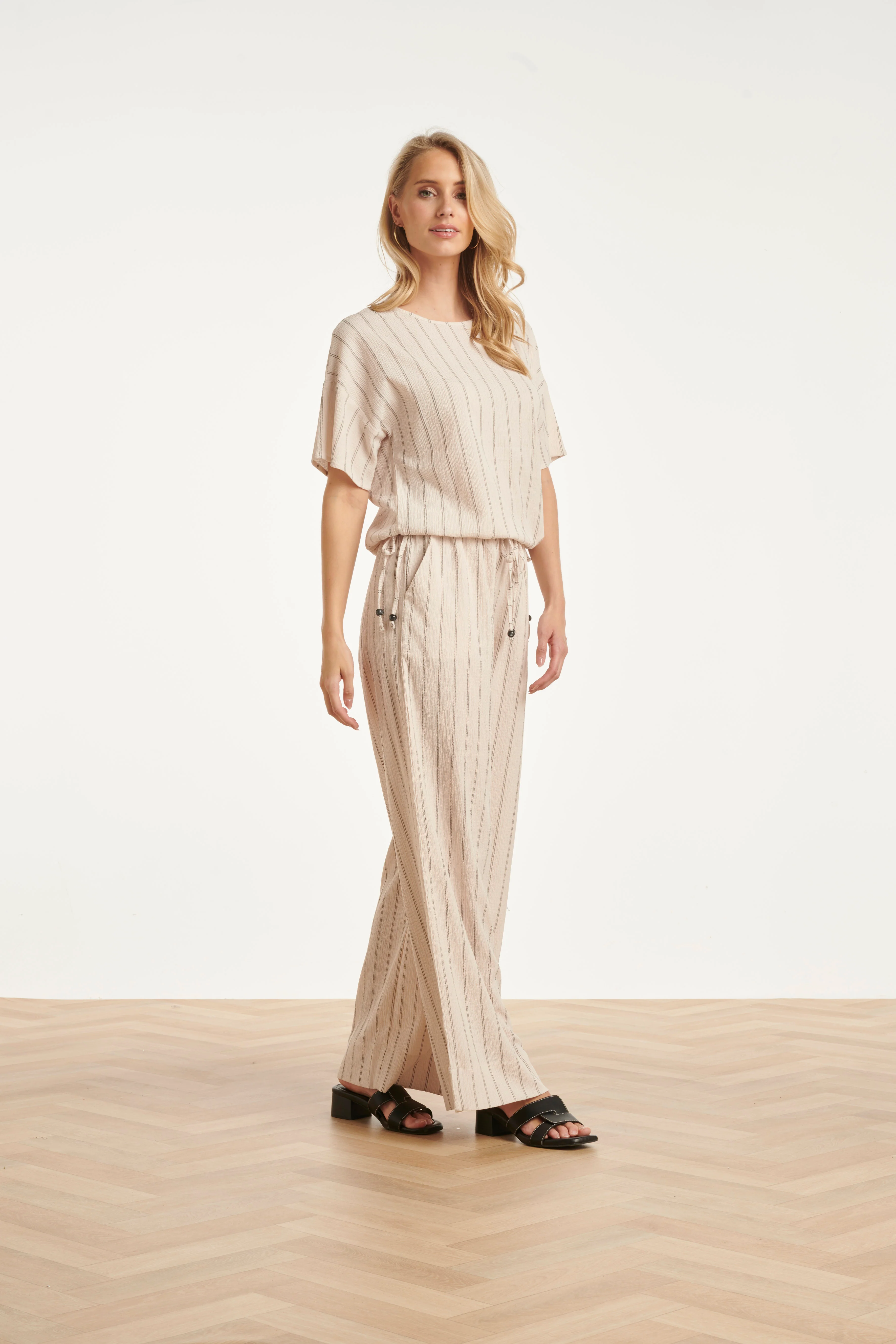 Gestreepte Broek Met Ingeweven Structuur En Elastische Tailleband | Off White - Black - Image 7