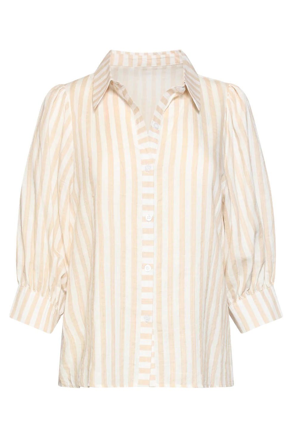 Gestreepte Dames Blouse Met Pofmouwen | Dark Sand - Off White - Image 2