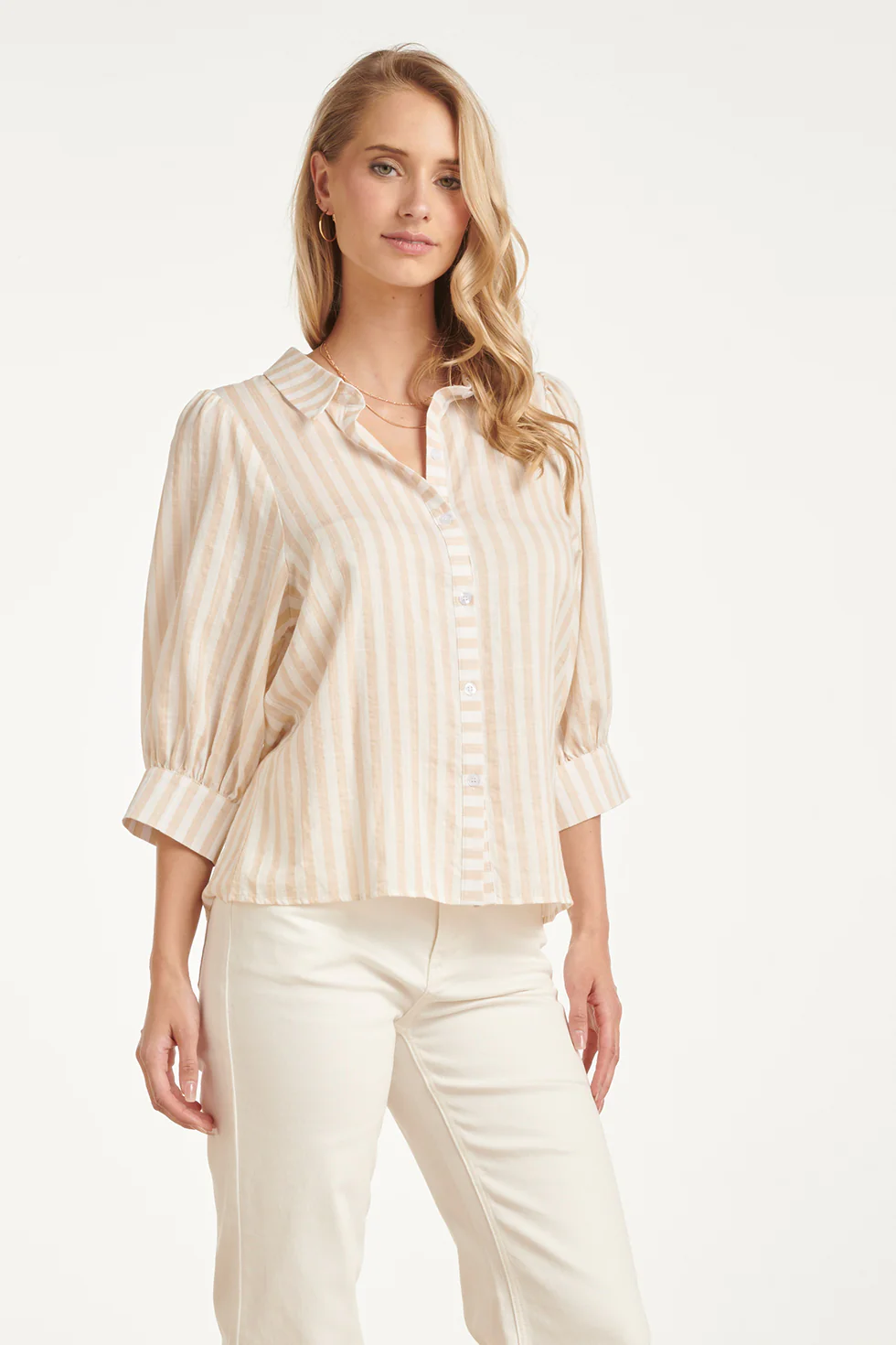 Gestreepte Dames Blouse Met Pofmouwen | Dark Sand - Off White - Image 4