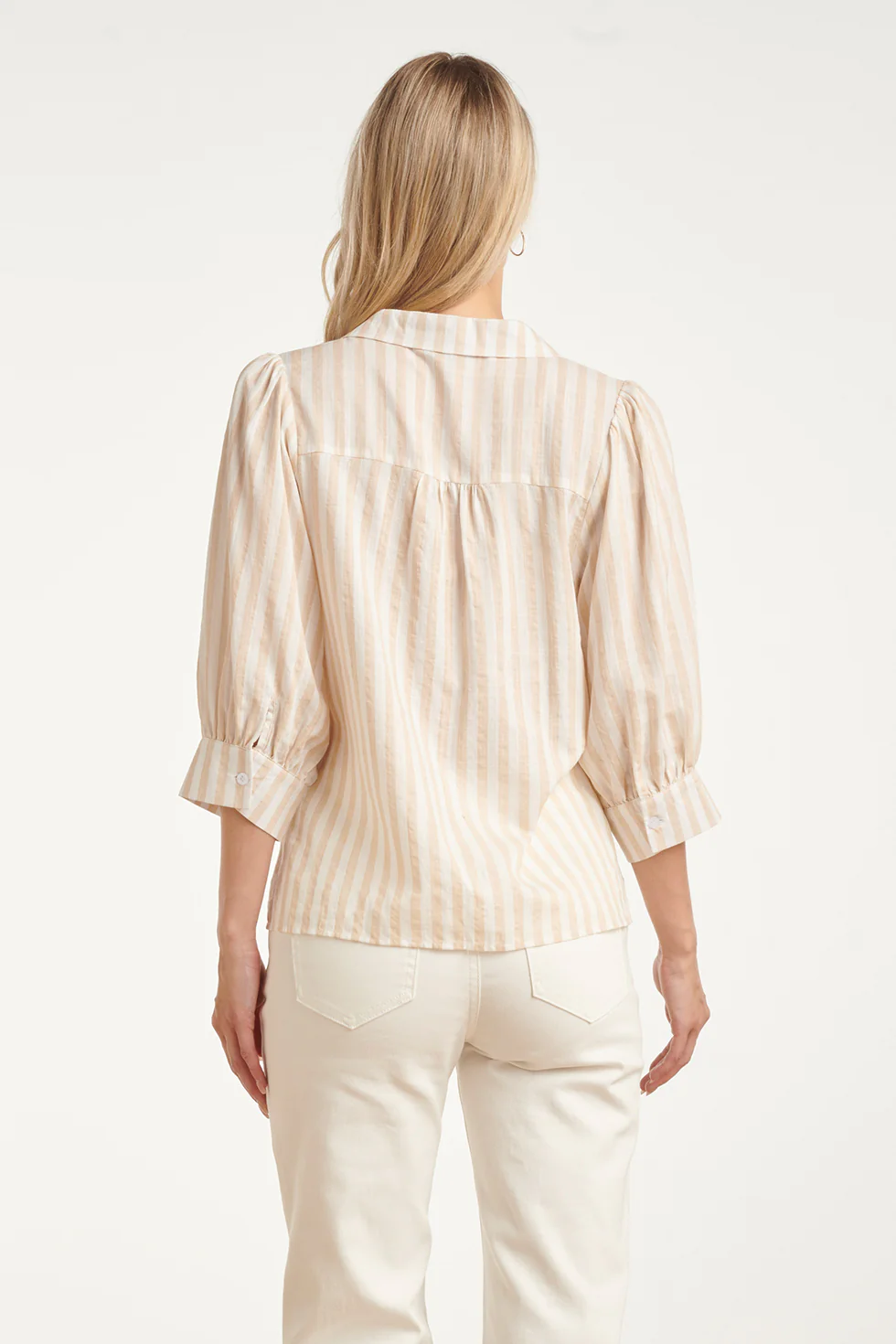 Gestreepte Dames Blouse Met Pofmouwen | Dark Sand - Off White - Image 6