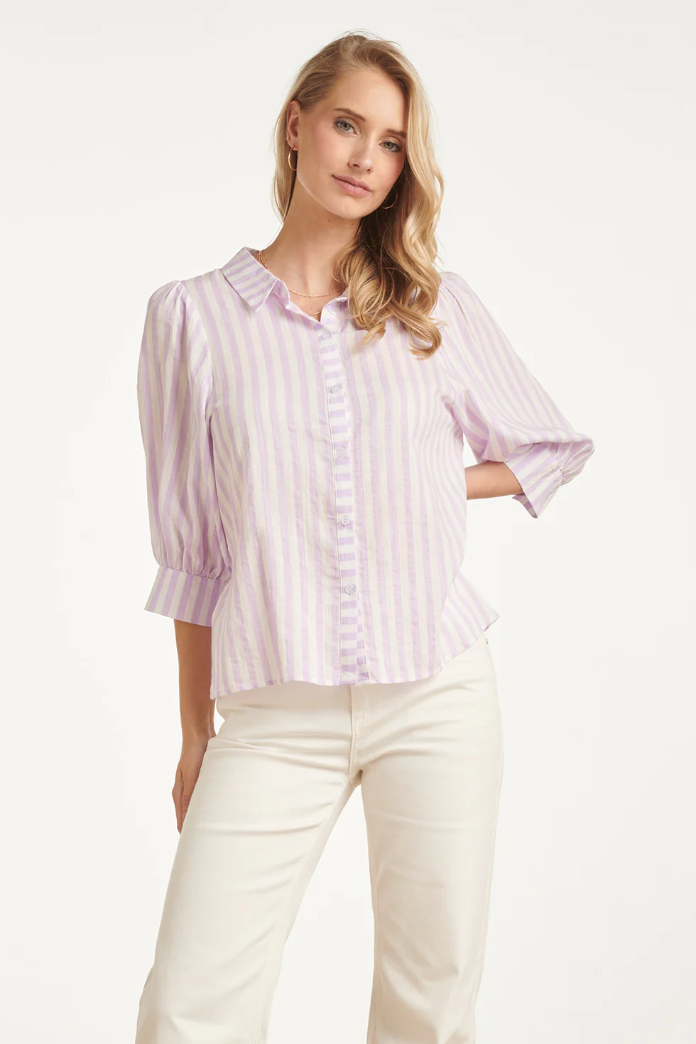 Gestreepte Dames Blouse Met Pofmouwen | Lilac - White