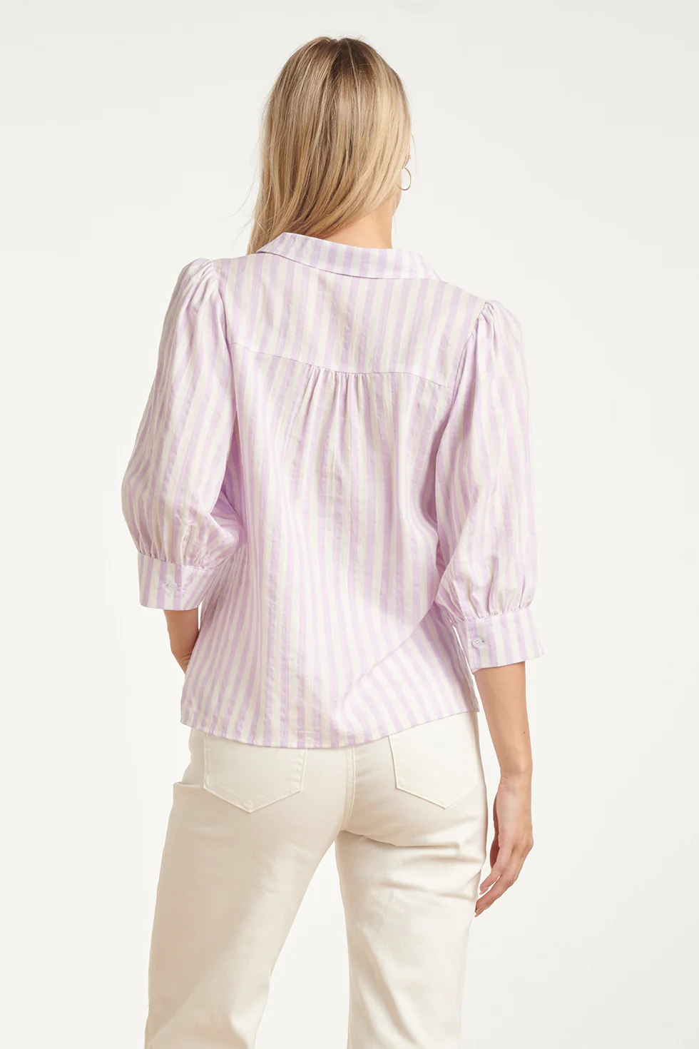 Gestreepte Dames Blouse Met Pofmouwen | Lilac - White - Image 6