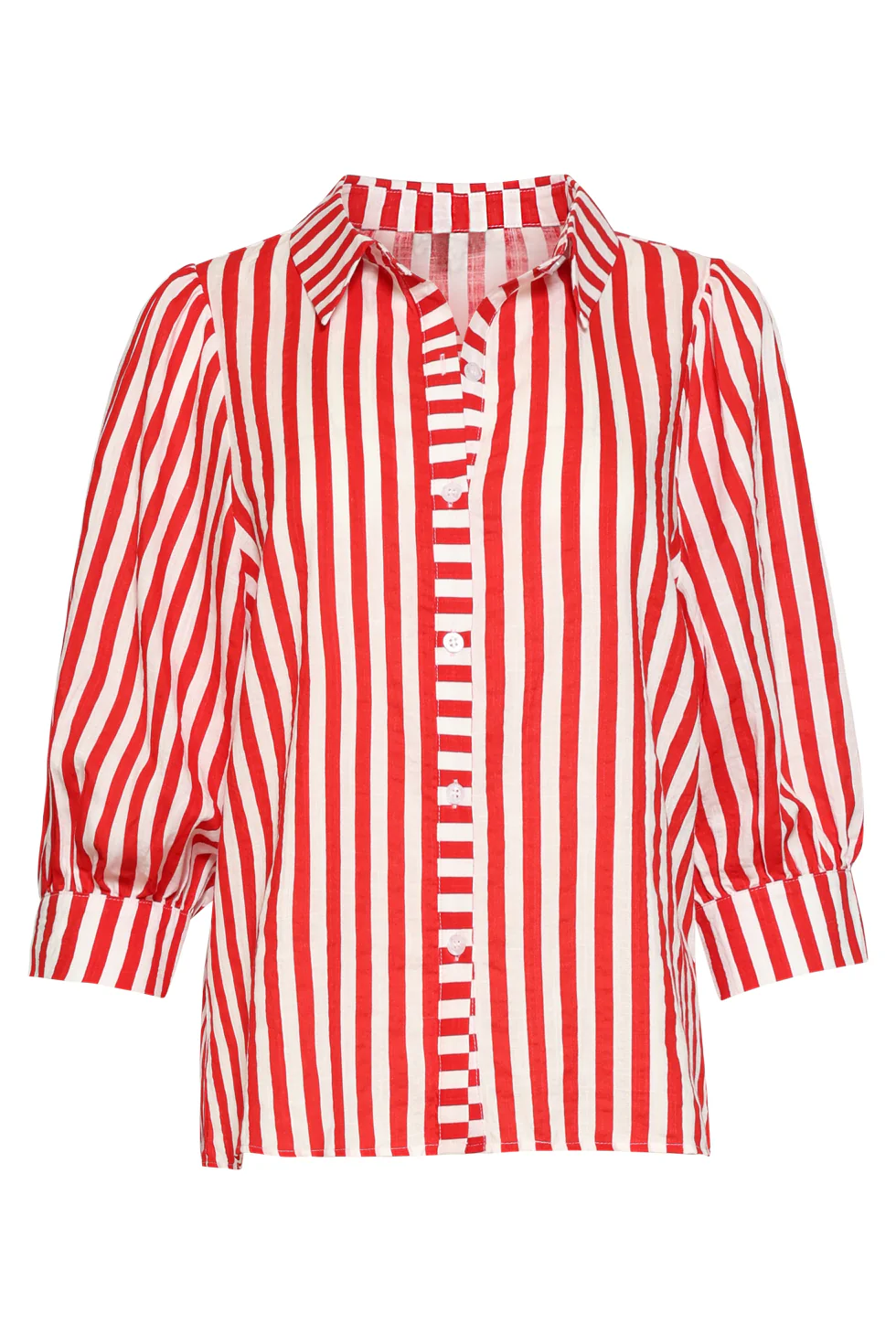 Gestreepte Dames Blouse Met Pofmouwen | Red - White - Image 2