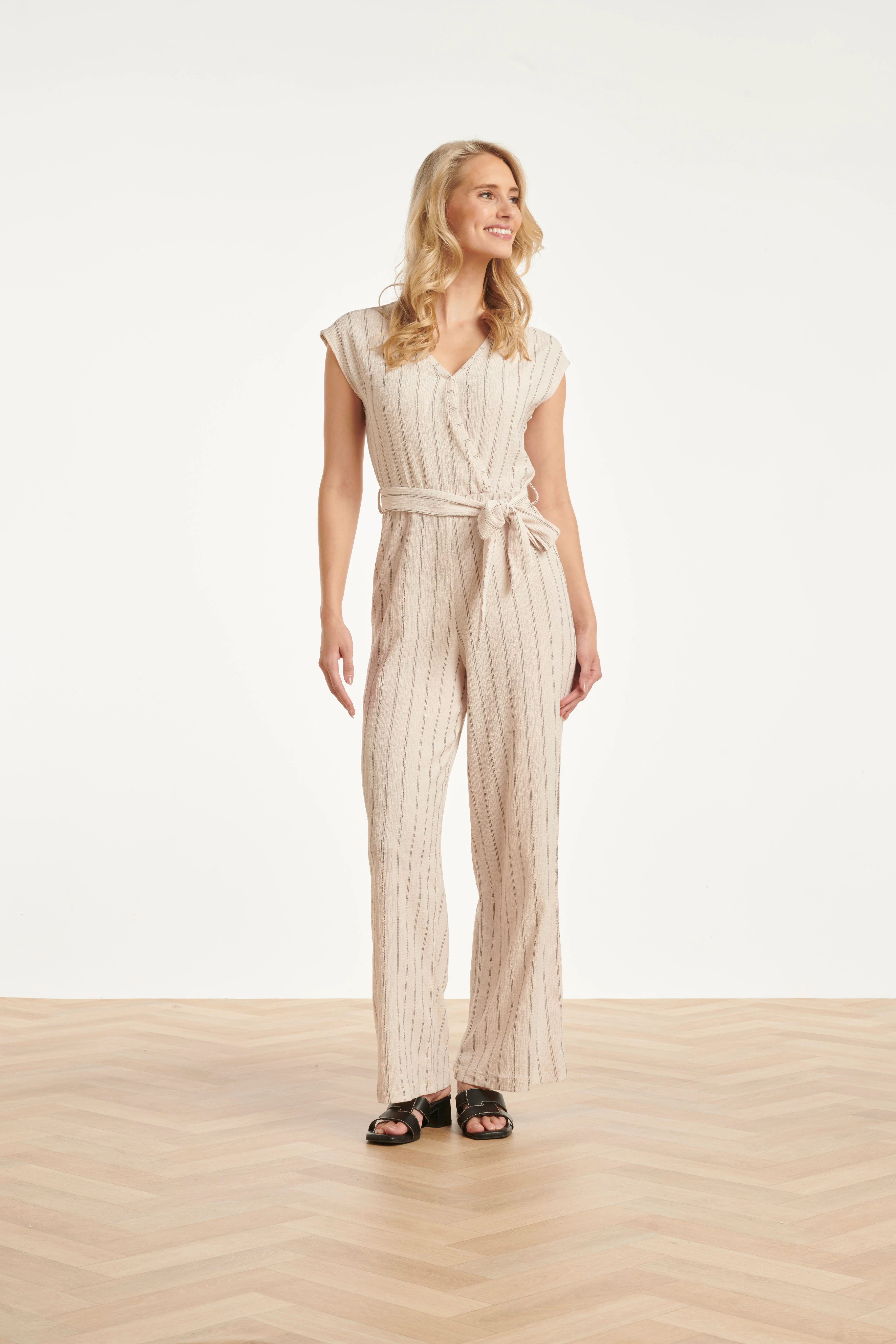 Gestreepte Jumpsuit Met Ingeweven Structuur | Off White - Black