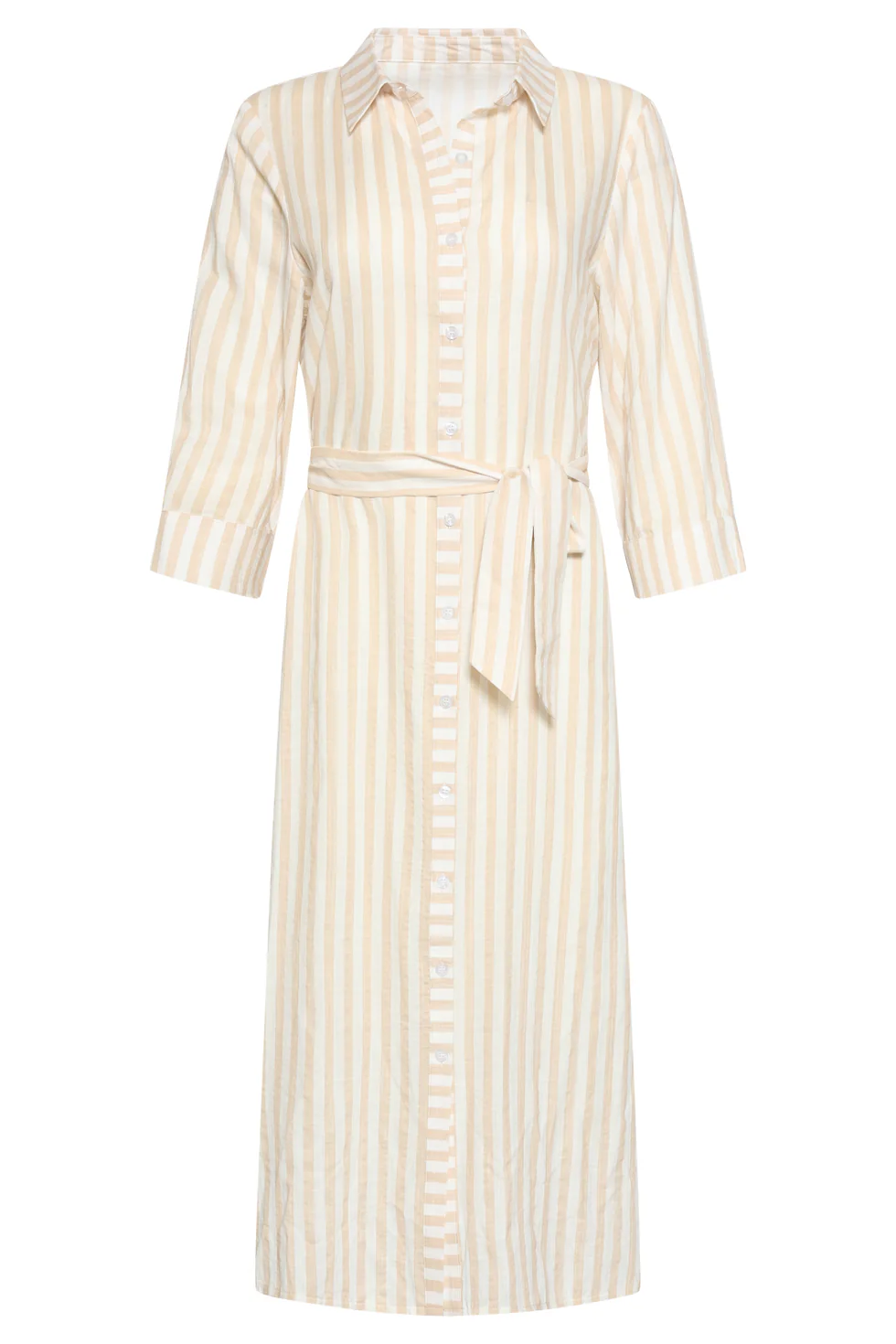 Gestreepte Maxi-Jurk Met Tailleceintuur | Dark Sand - Off White - Image 2