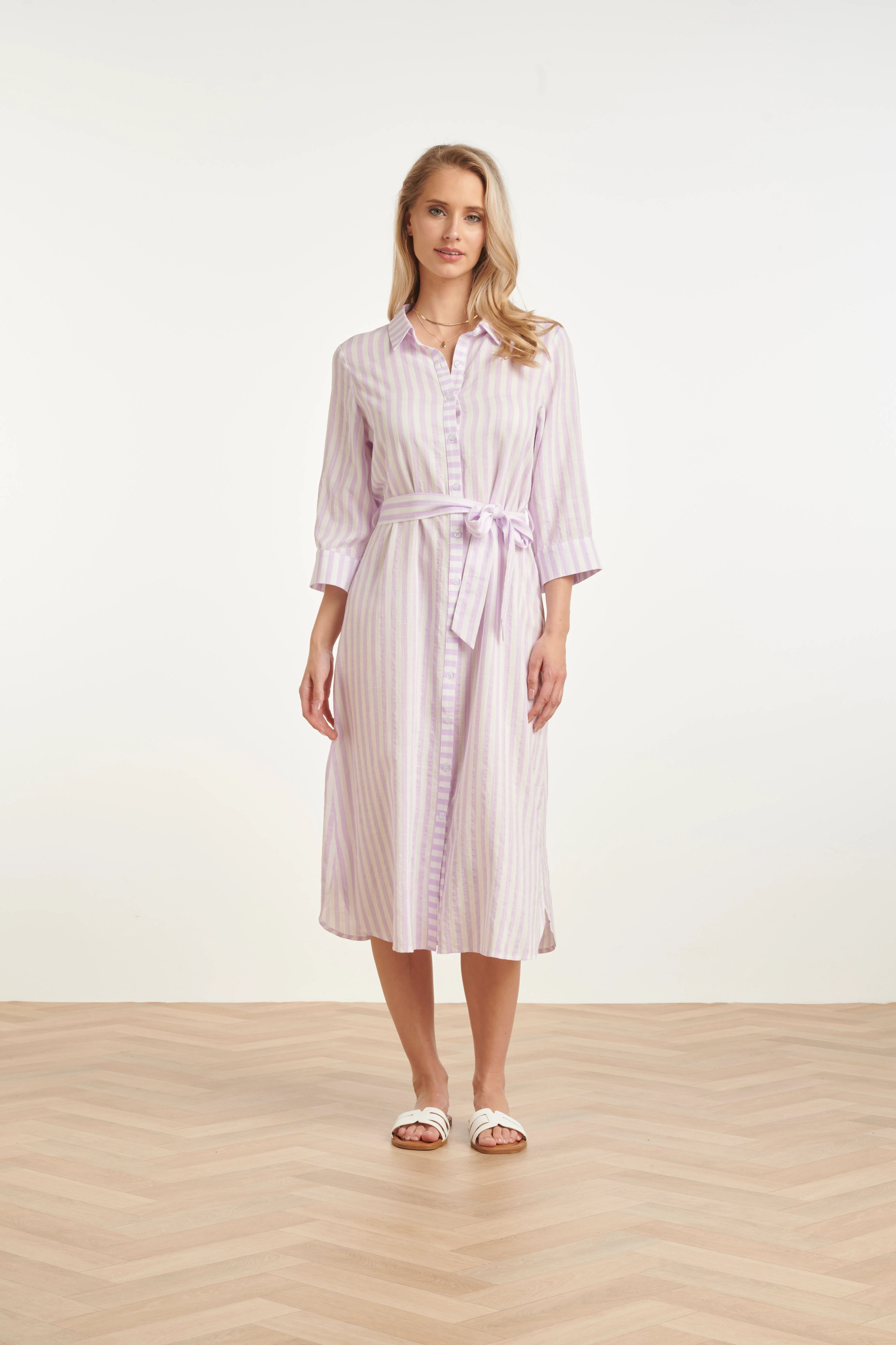Gestreepte Maxi-Jurk Met Tailleceintuur | Lilac - White