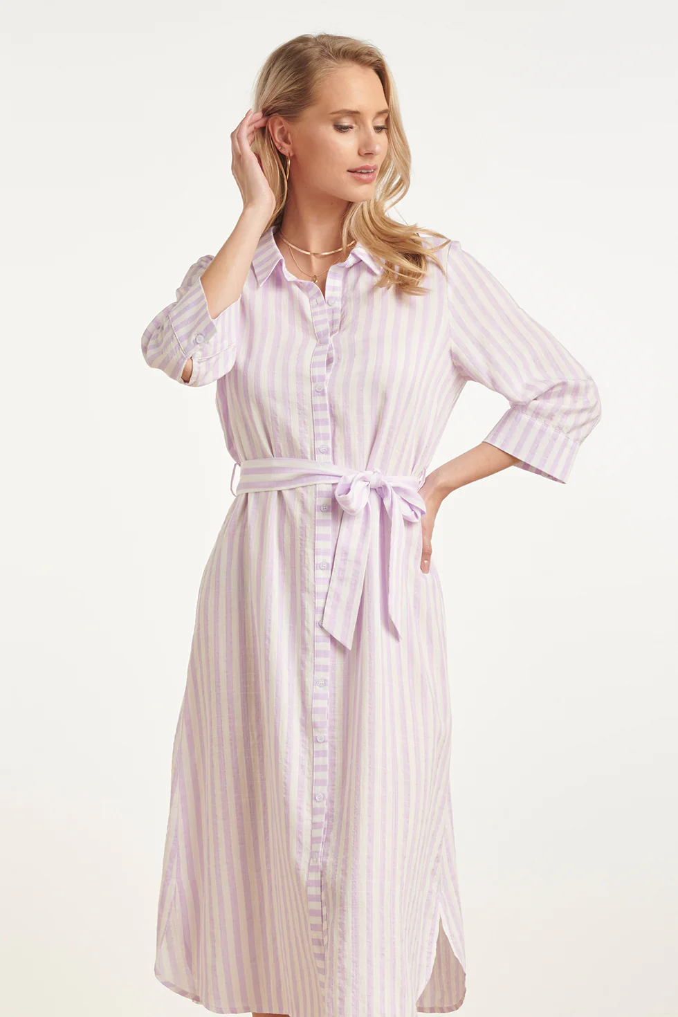 Gestreepte Maxi-Jurk Met Tailleceintuur | Lilac - White - Image 3