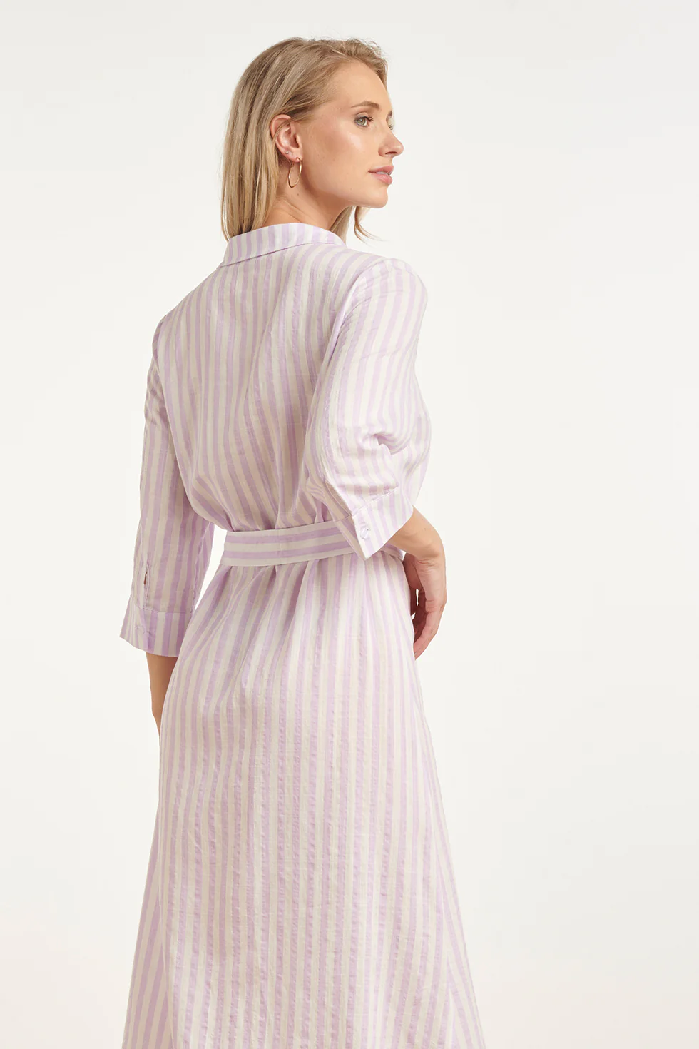Gestreepte Maxi-Jurk Met Tailleceintuur | Lilac - White - Image 5