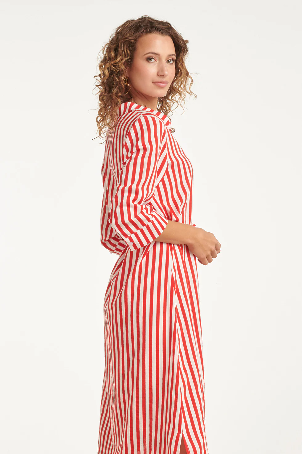 Gestreepte Maxi-Jurk Met Tailleceintuur | Red - White - Image 5