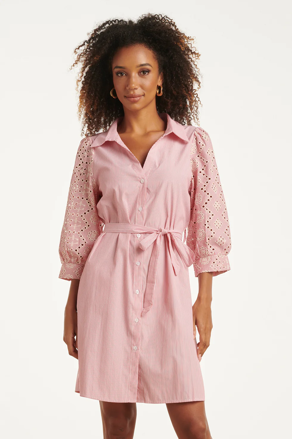 Gestreepte Overhemdjurk Met Broderie Details | Red - White