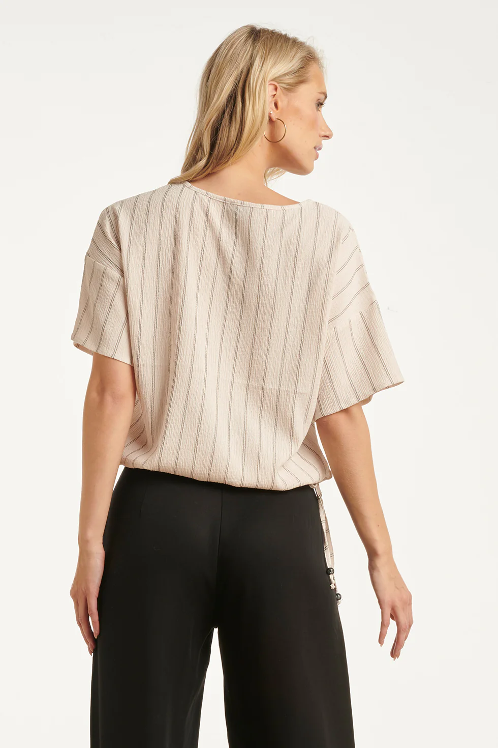 Gestreepte Top Met Ingeweven Structuur En Verstelbare Zoom | Off White - Black - Image 12