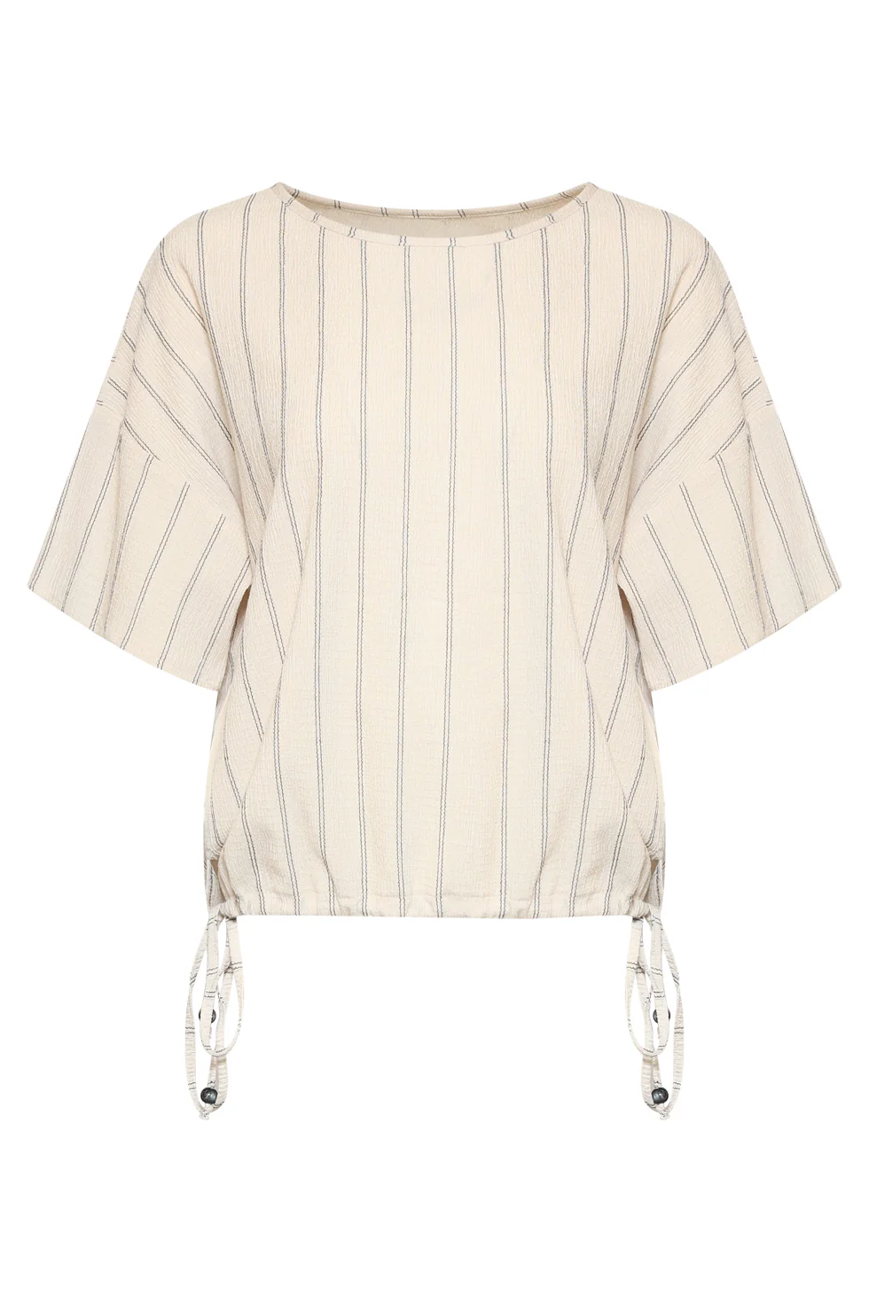 Gestreepte Top Met Ingeweven Structuur En Verstelbare Zoom | Off White - Black - Image 3