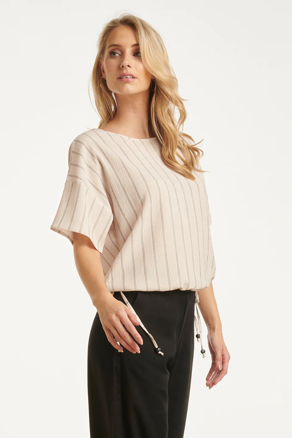 Gestreepte Top Met Ingeweven Structuur En Verstelbare Zoom | Off White - Black - Image 8