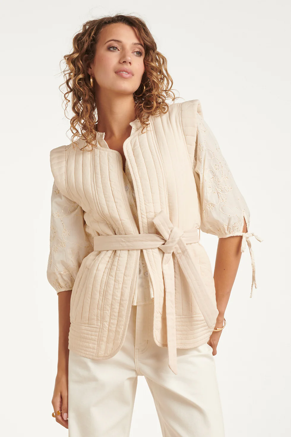 Gevoerde Bodywarmer Met Strikceintuur | Sand - Image 8