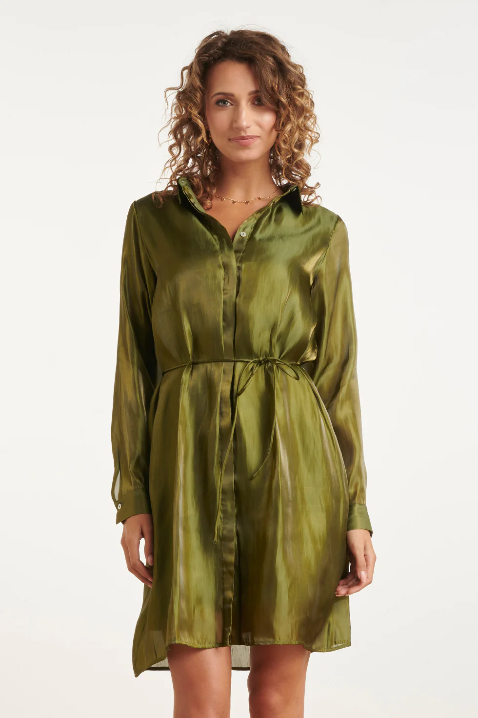 Glanzende Midi-Jurk Met Taillekoord | Army