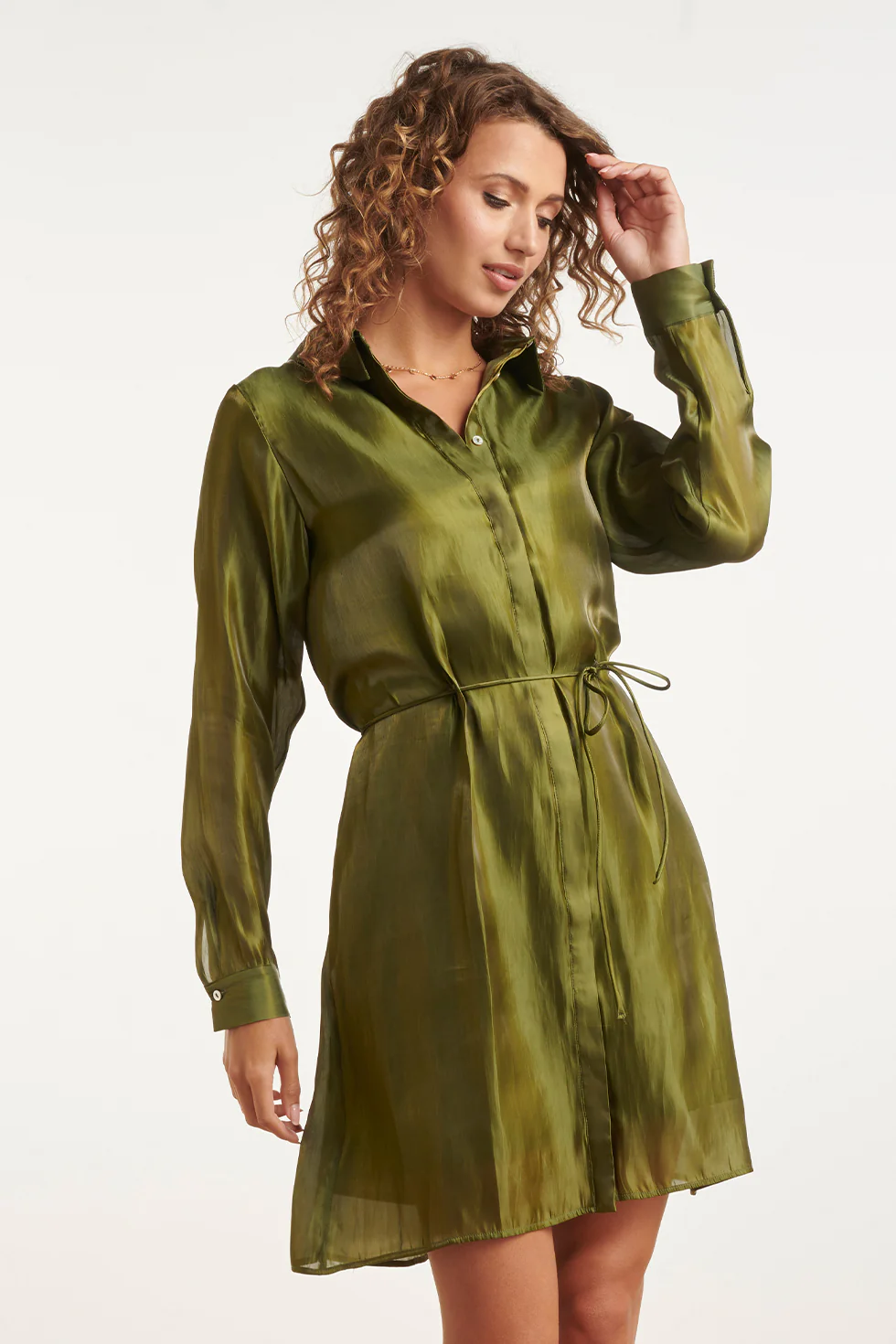 Glanzende Midi-Jurk Met Taillekoord | Army - Image 4