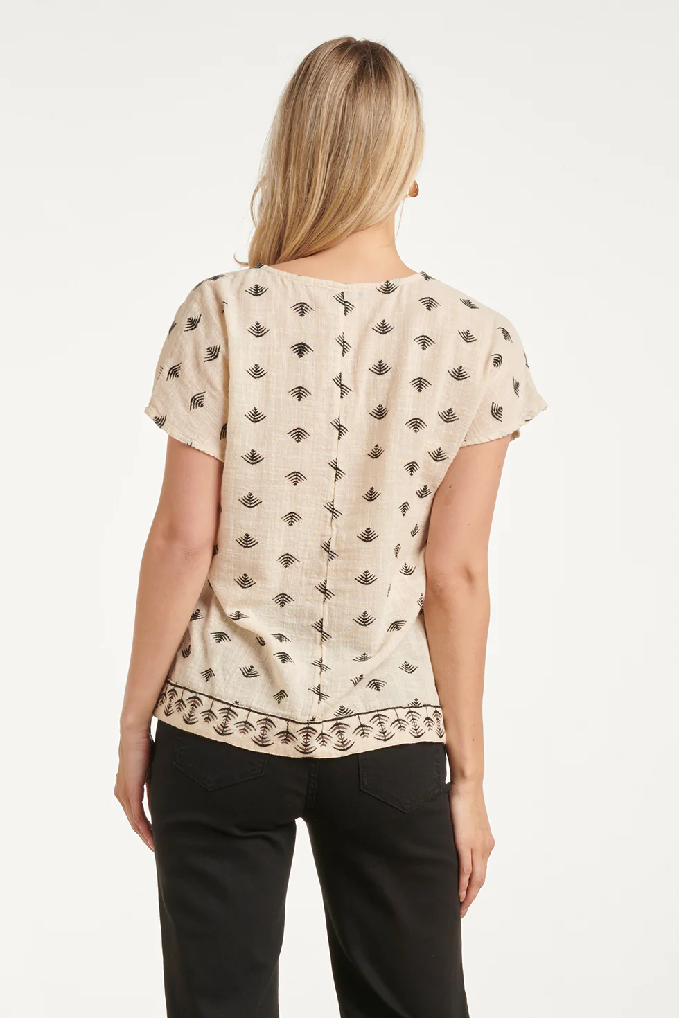 Grafische Aztec Geborduurde V-Hals Top Met Korte Mouwen En | Off White - Black - Image 12
