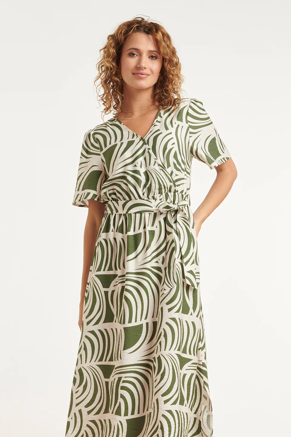 Groene Jurk Met Abstracte Print En Strikceintuur | Off White - Army - Image 3