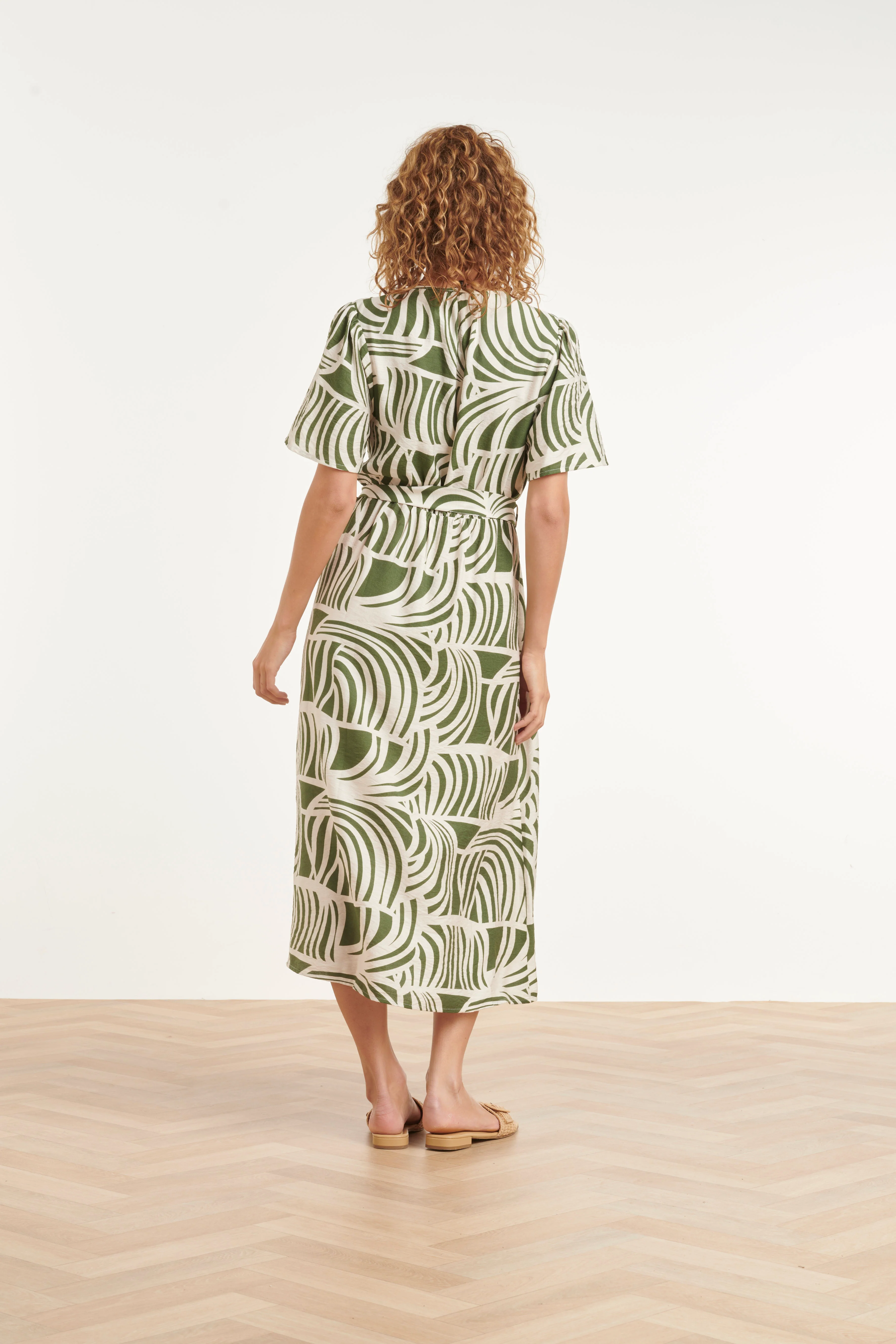 Groene Jurk Met Abstracte Print En Strikceintuur | Off White - Army - Image 6