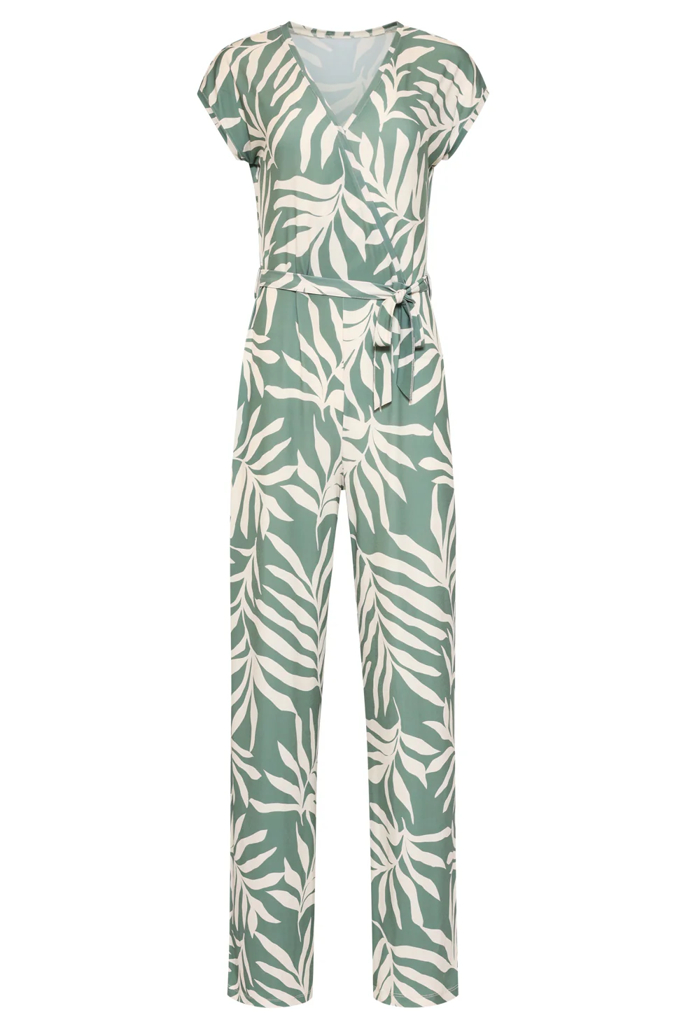 Groene Stretch Jumpsuit Met Bladprint En Ceintuur | Jade - Off White - Image 3