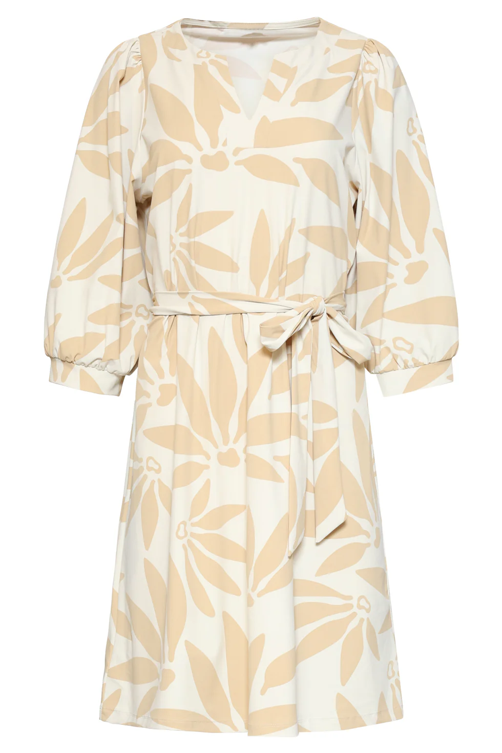 Jurk Met Beige Bloemenprint In Travelstof | Off White - Dark Sand - Image 2