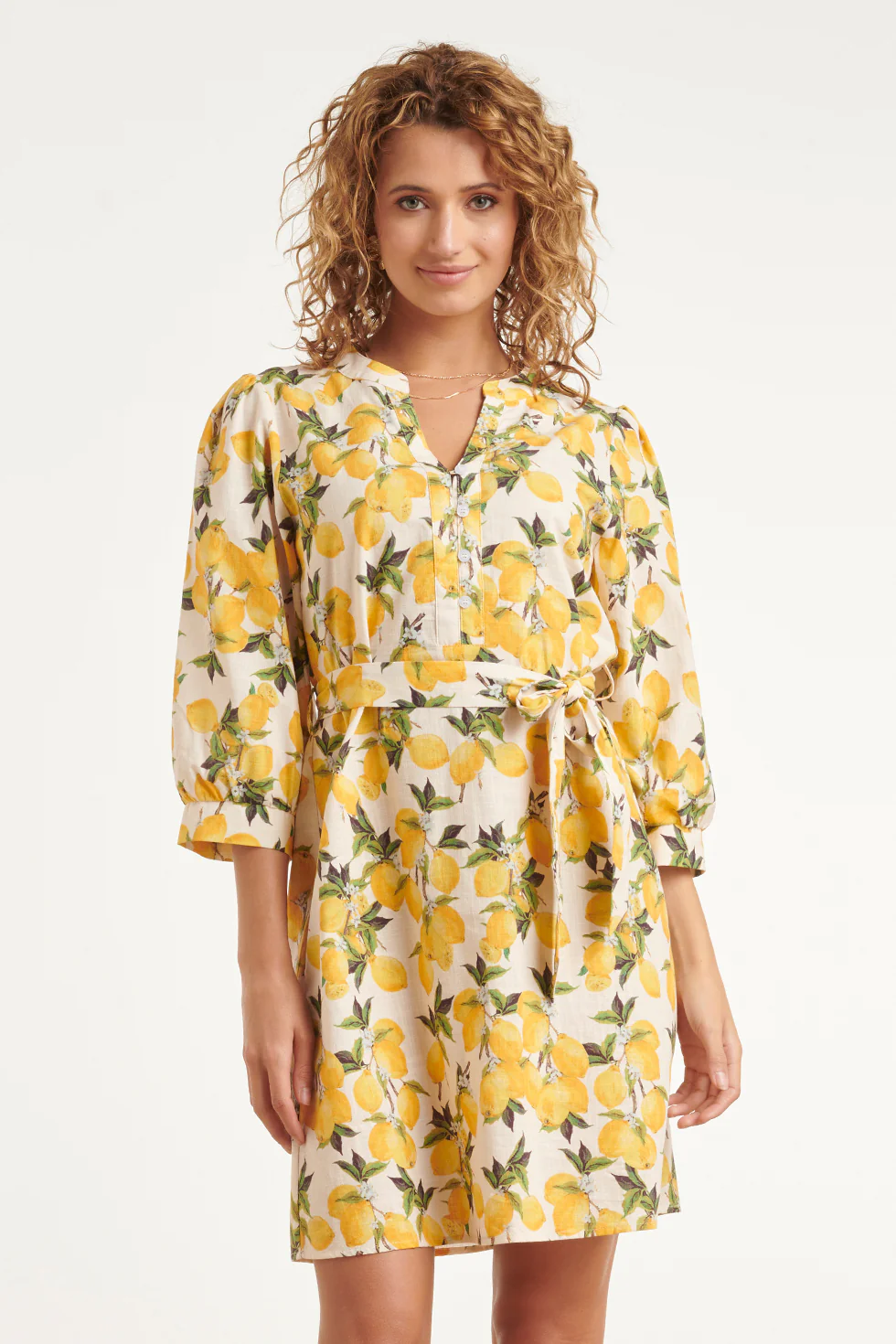 Jurk Met Citroenprint In Geel En Groen Met Ceintuur | Off White - Yellow