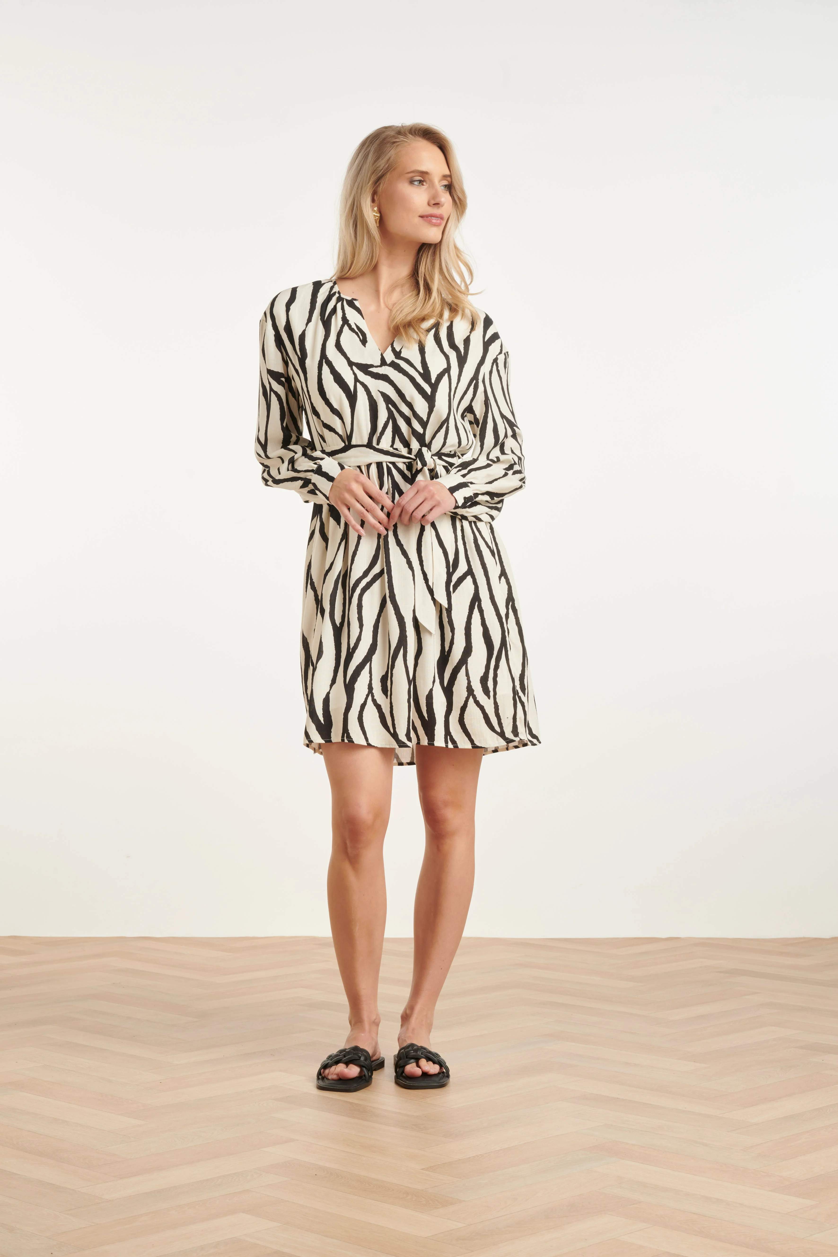 Knielange Jurk Met Zebra Print En Ceintuur In Off-White En Zwart | Off White - Black - Image 3