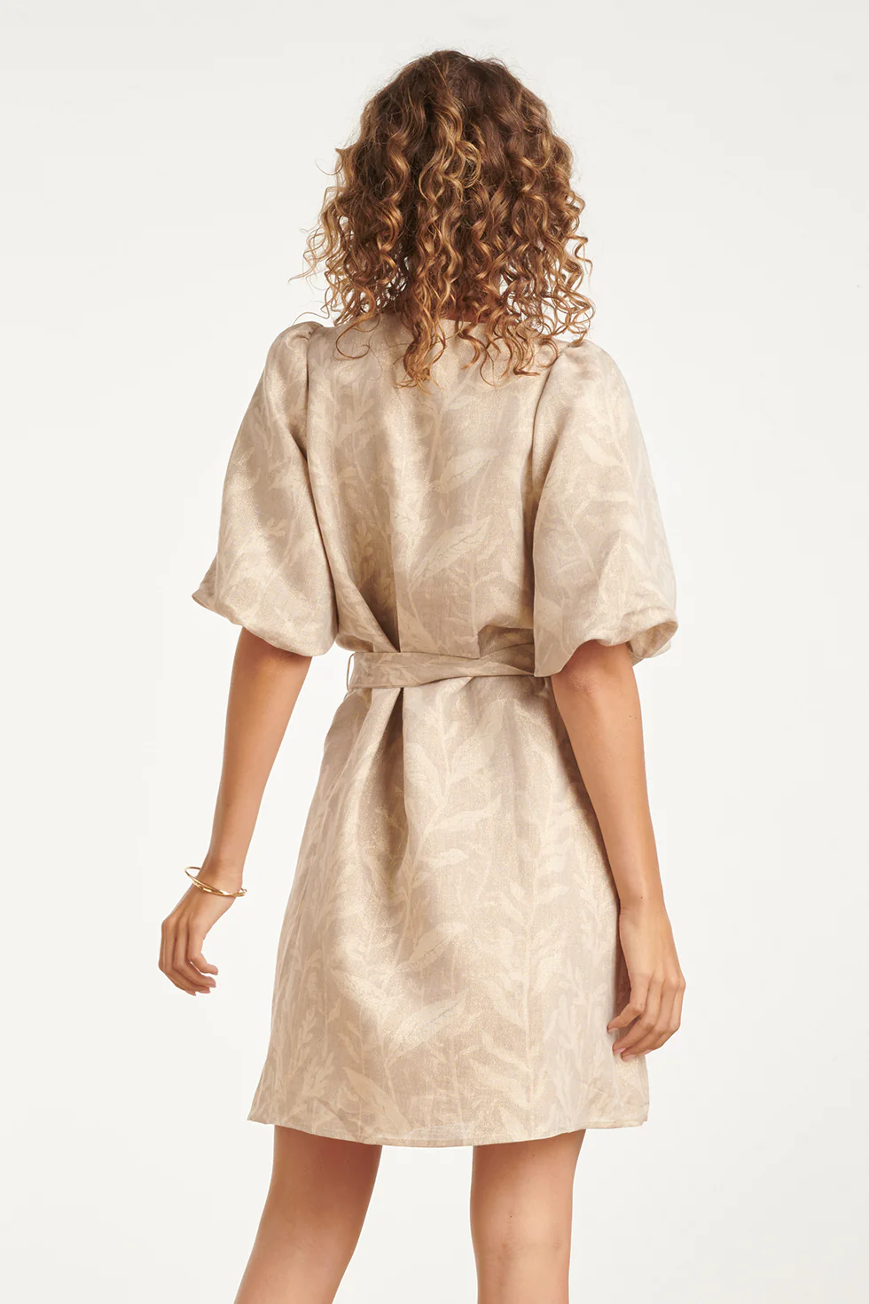 Korte Jurk Met Bladprint En Lurex Stof | Dark Sand - Gold - Image 6