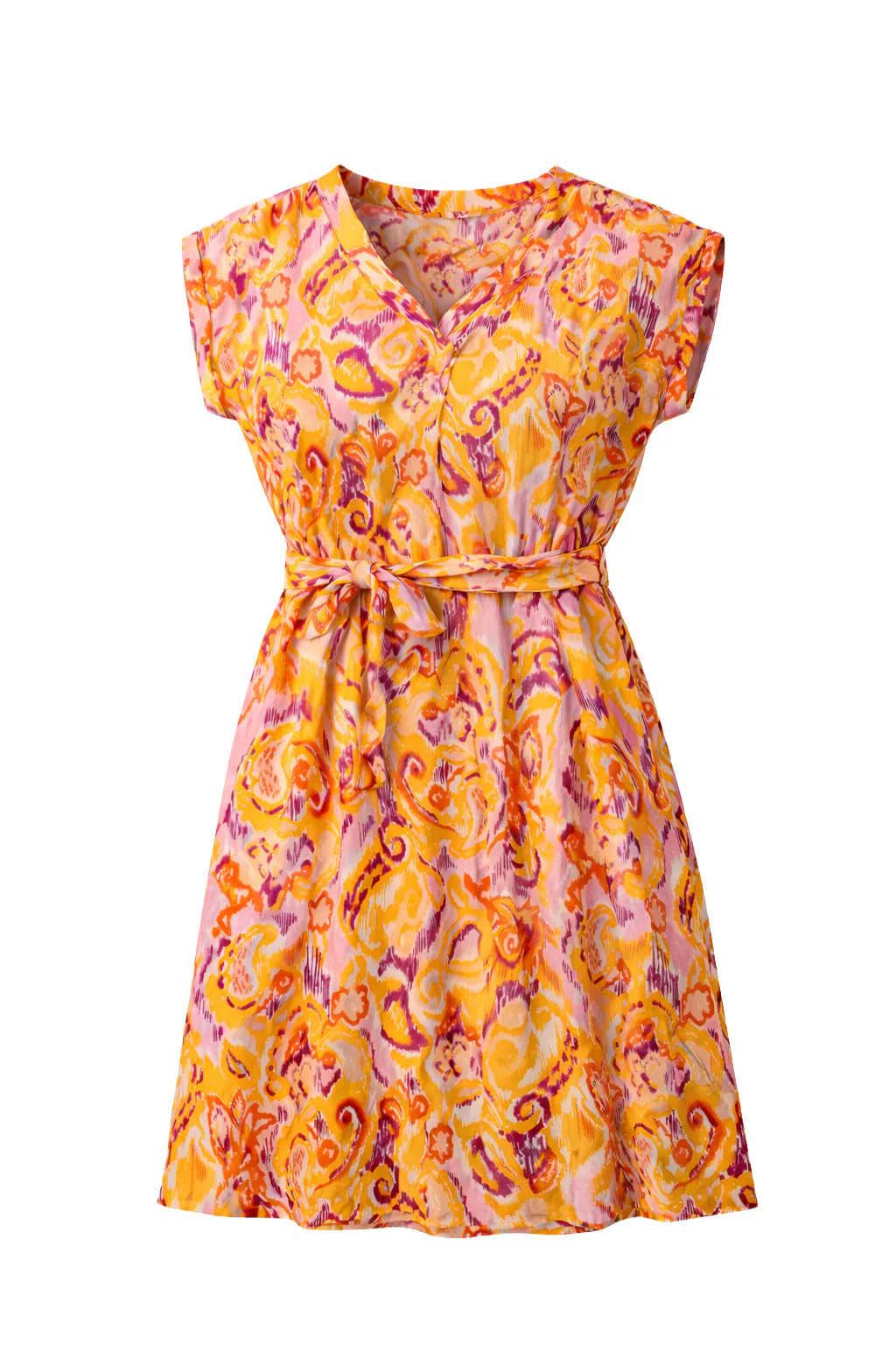 Korte Jurk Met Ceintuur En Oranje-Roze Paisley Print | Muticolour - Image 2