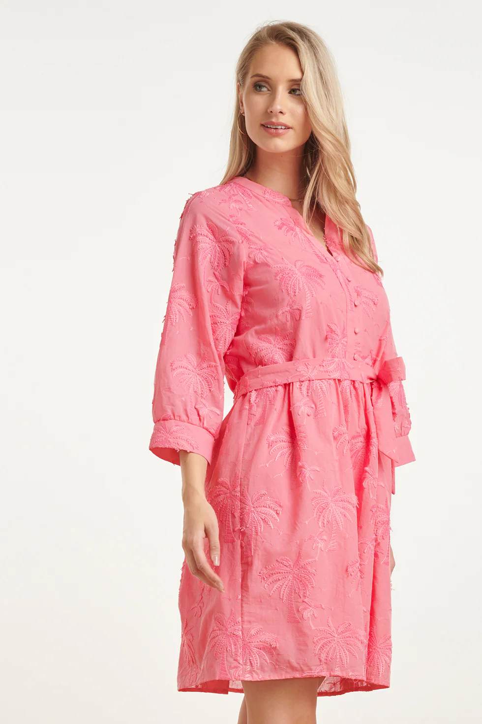 Korte Jurk Met Geborduurd Palmmotief En Ceintuur | Old Pink - Image 4