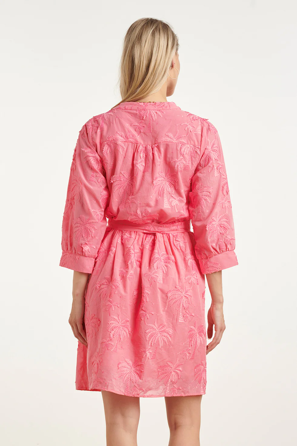 Korte Jurk Met Geborduurd Palmmotief En Ceintuur | Old Pink - Image 6