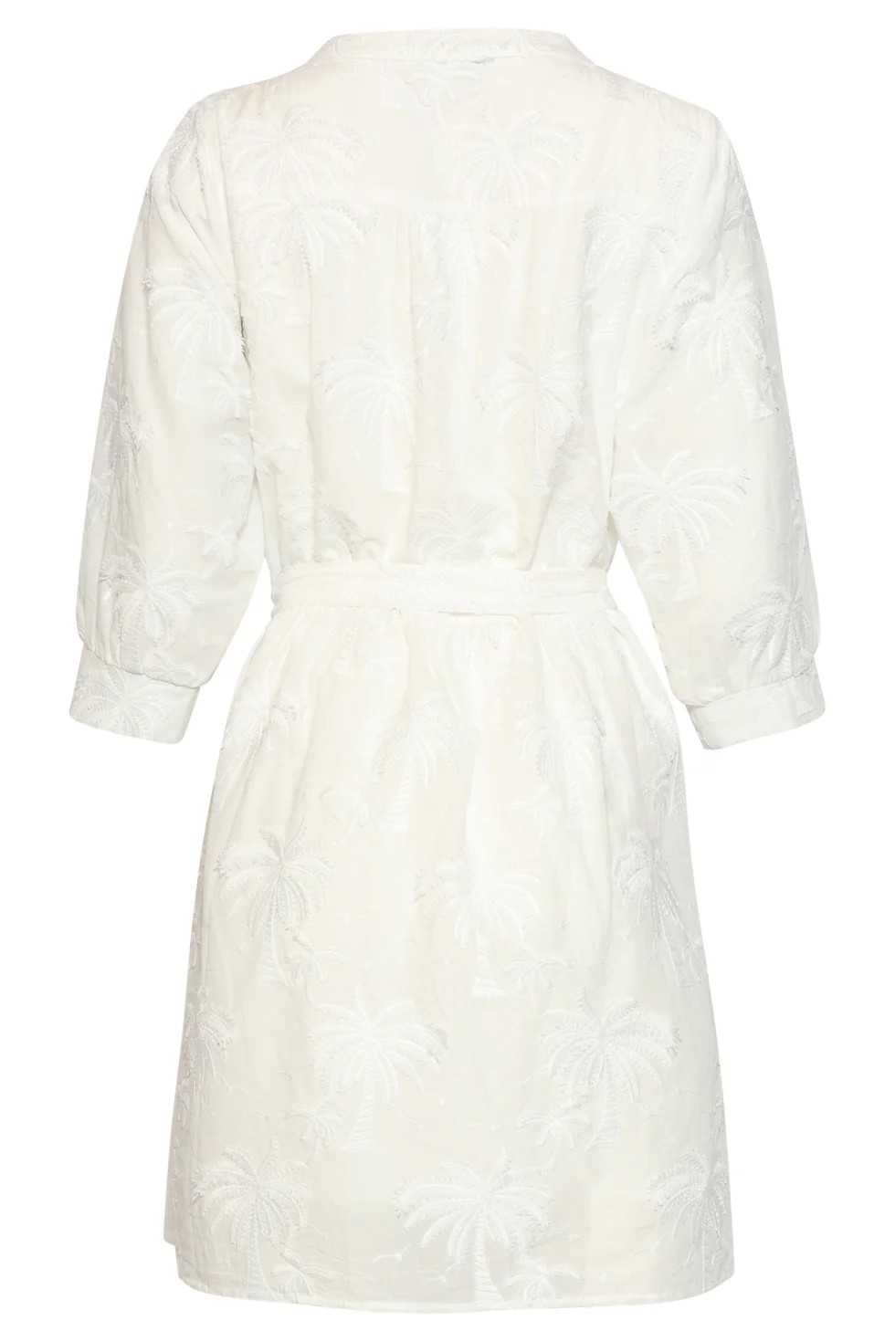 Korte Jurk Met Geborduurd Palmmotief En Ceintuur | White - Image 7