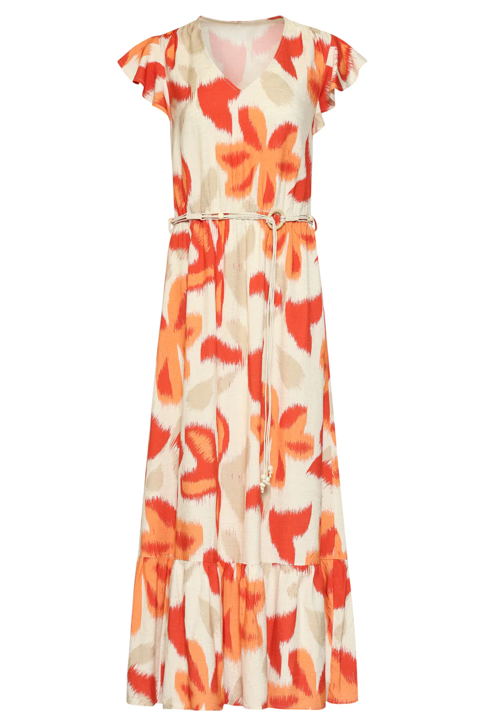 Lange Jurk Met Oranje En Beige Bloem Print En Taillekoord | Sand - Muticolour - Image 2