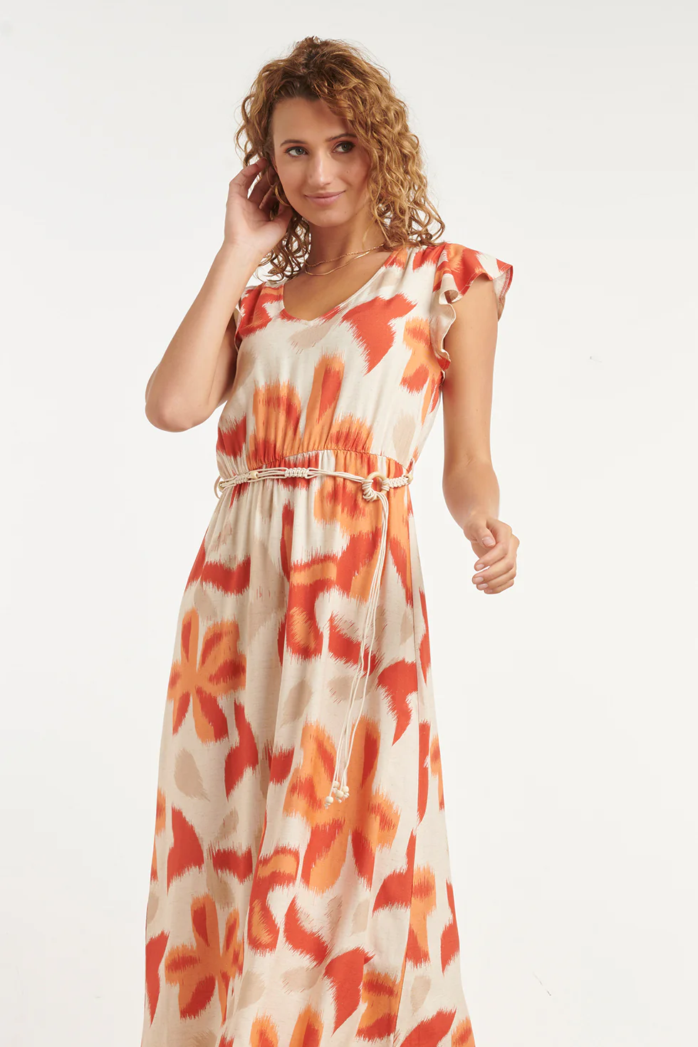 Lange Jurk Met Oranje En Beige Bloem Print En Taillekoord | Sand - Muticolour - Image 3