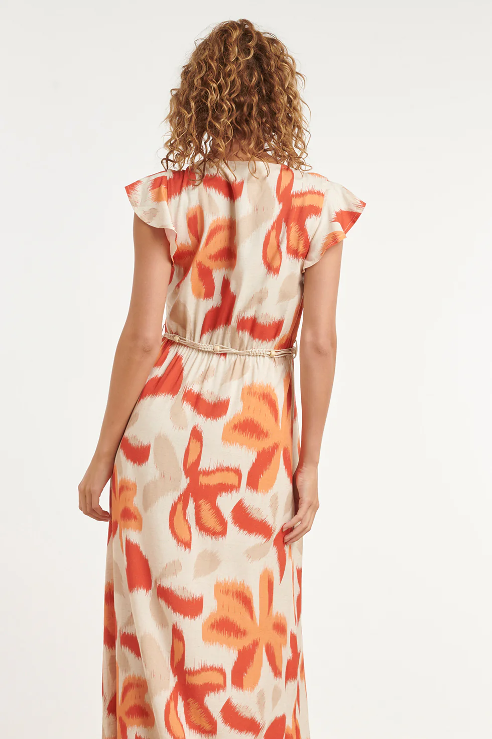 Lange Jurk Met Oranje En Beige Bloem Print En Taillekoord | Sand - Muticolour - Image 6