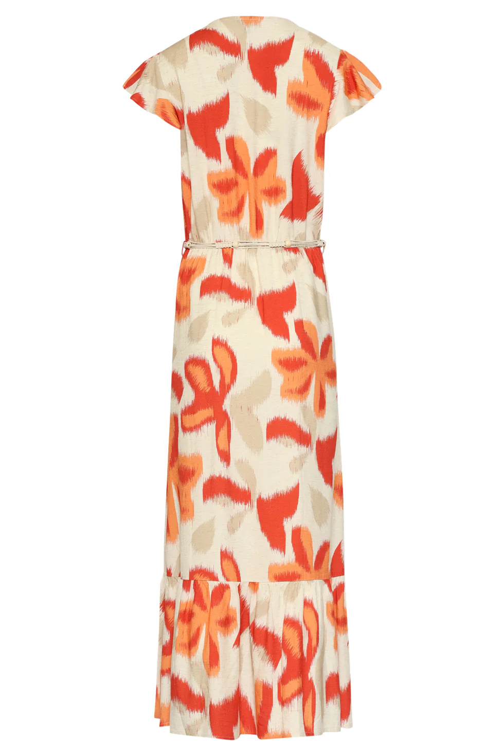 Lange Jurk Met Oranje En Beige Bloem Print En Taillekoord | Sand - Muticolour - Image 7