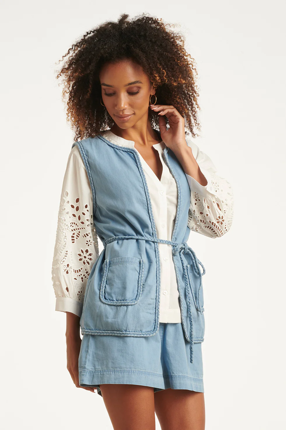 Lichtblauw Denim Look Gilet Met Ceintuur | Denim - Image 8