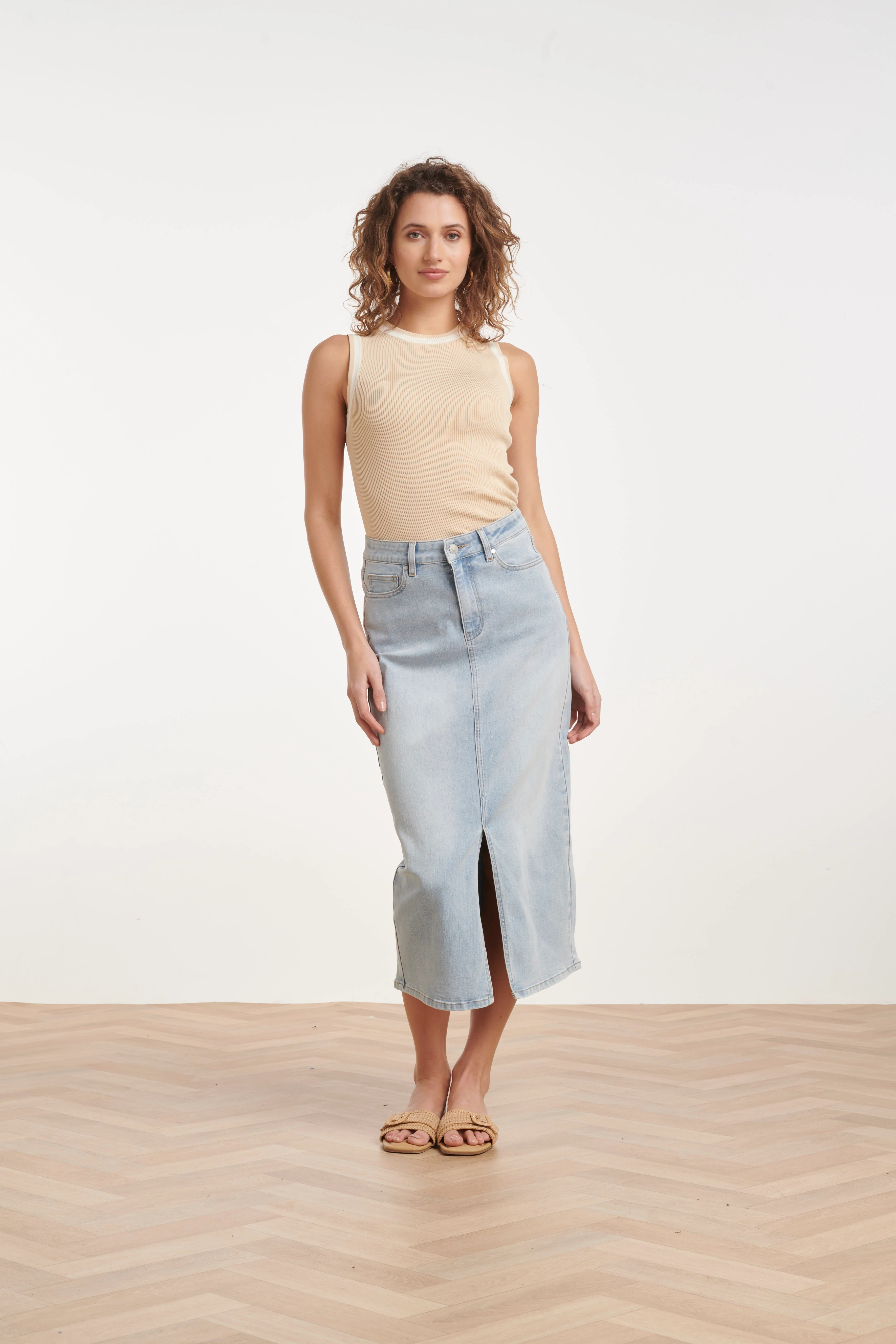 Lichtblauwe Denim Midi Rok Met Split | Denim