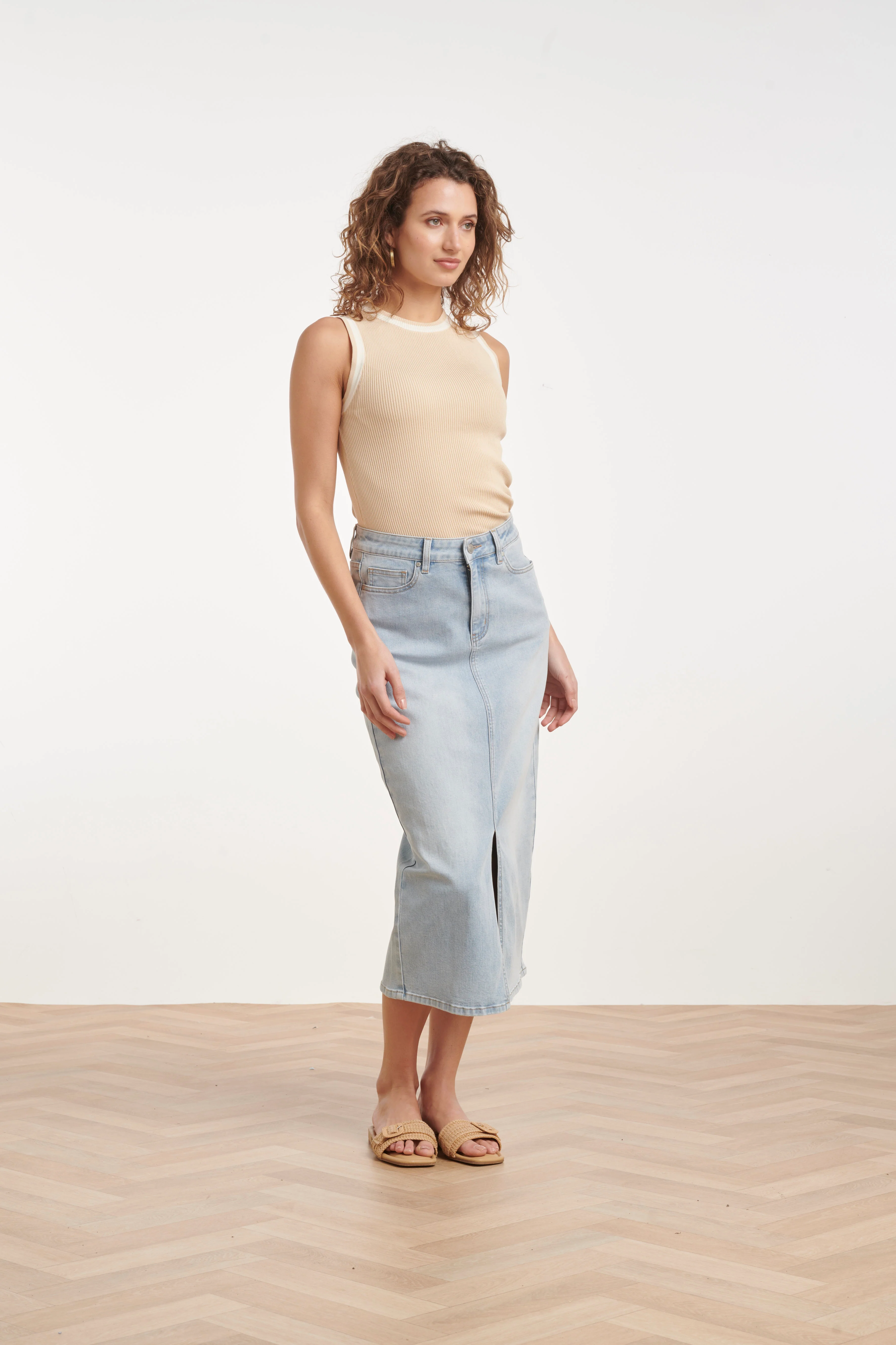 Lichtblauwe Denim Midi Rok Met Split | Denim - Image 5