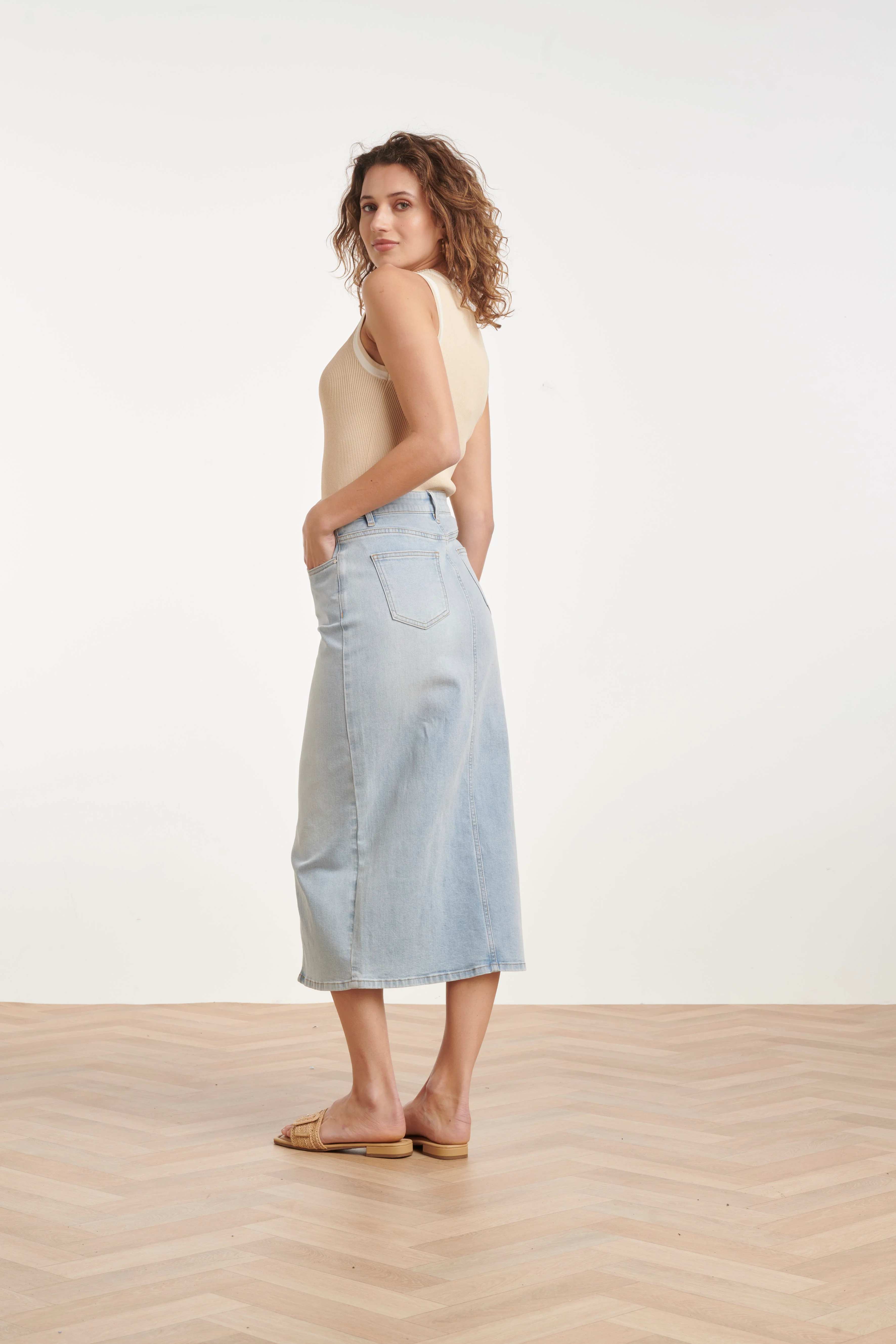 Lichtblauwe Denim Midi Rok Met Split | Denim - Image 6
