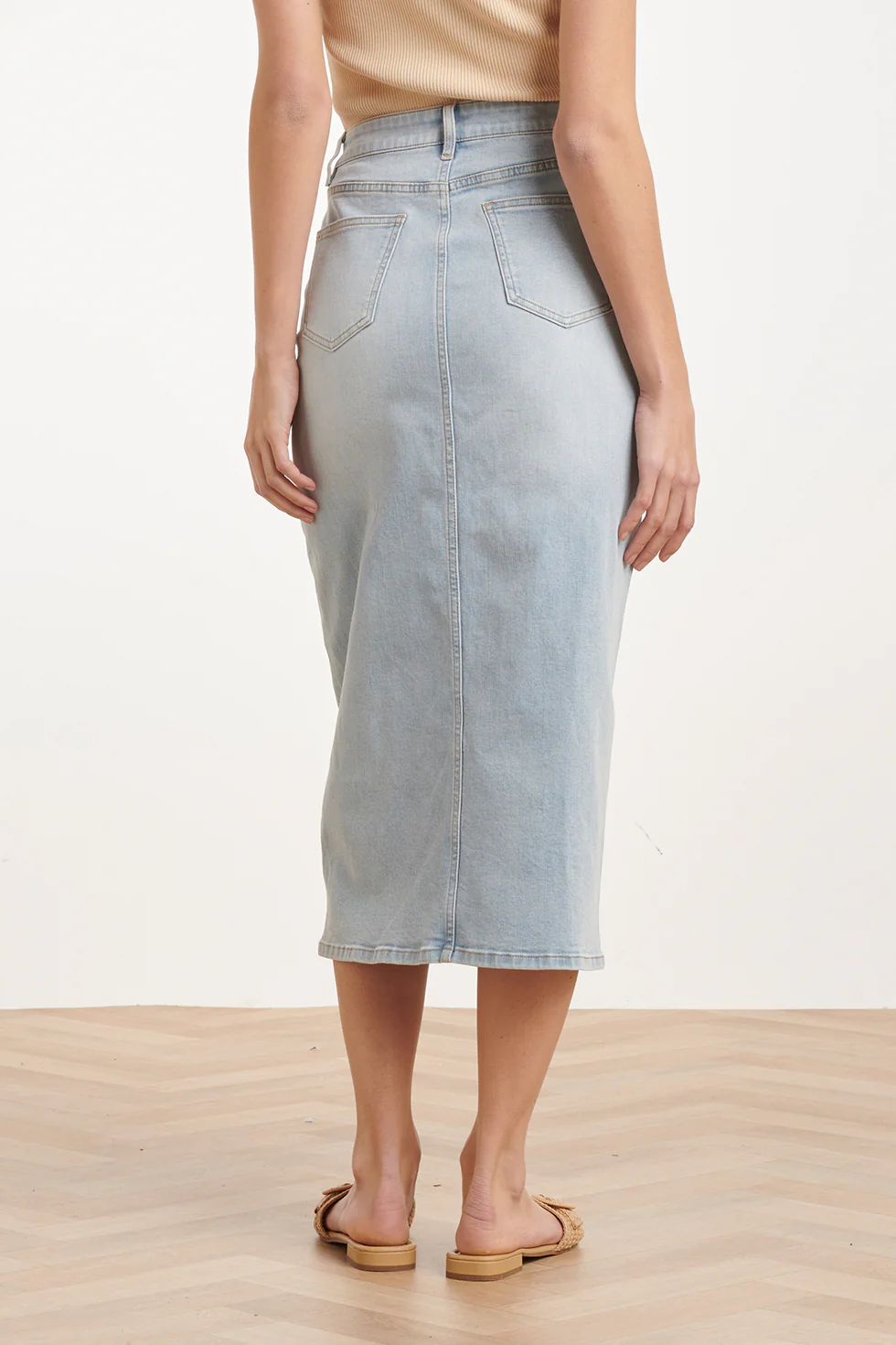 Lichtblauwe Denim Midi Rok Met Split | Denim - Image 7