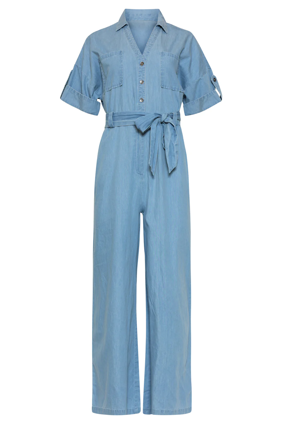 Lichtblauwe Jumpsuit Met Ceintuur En Korte Mouwen | Denim - Image 4