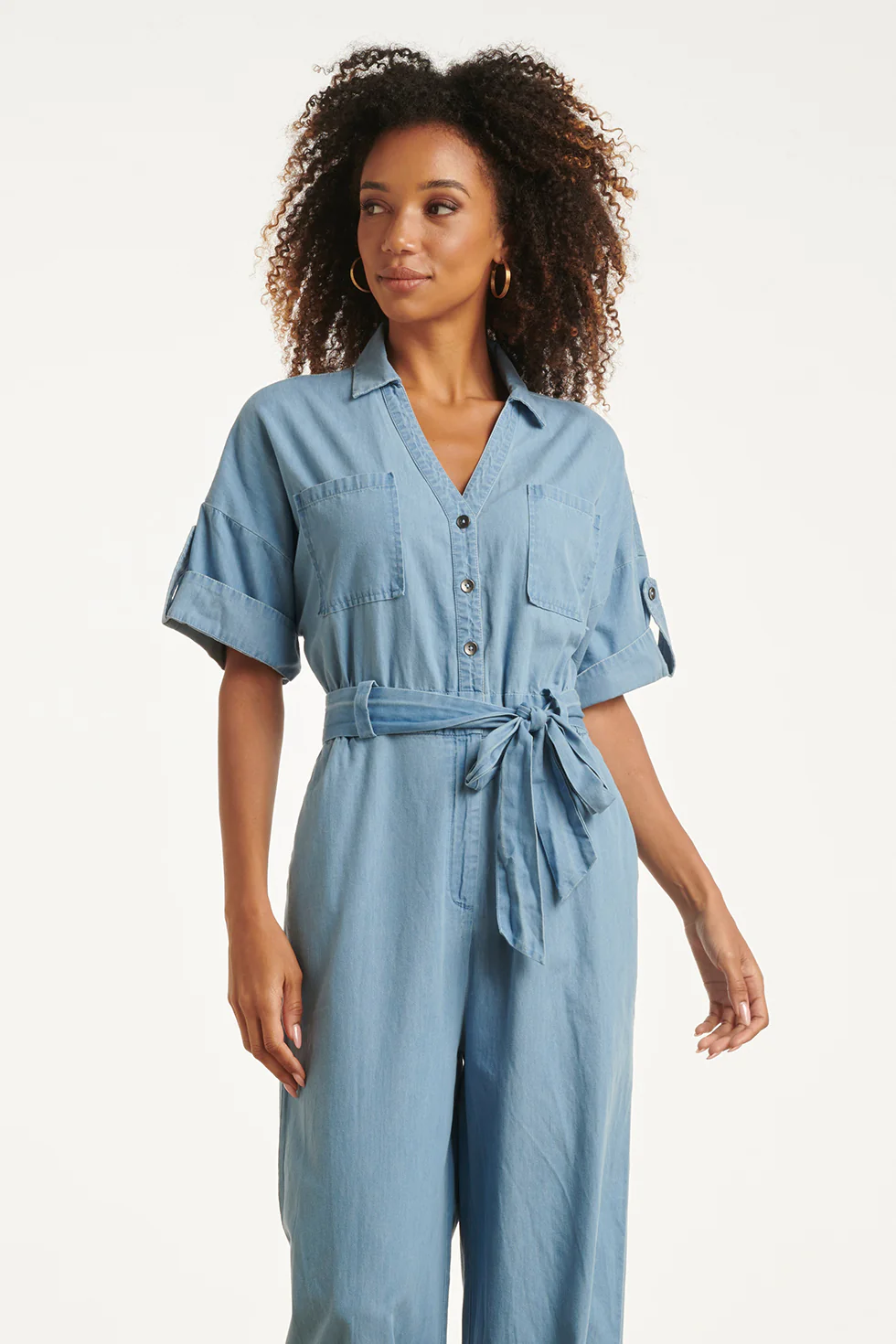 Lichtblauwe Jumpsuit Met Ceintuur En Korte Mouwen | Denim - Image 6