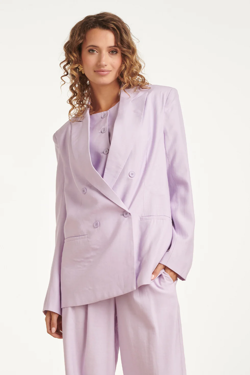 Linnen-Look Blazer Met Dubbele Knoopsluiting | Lilac