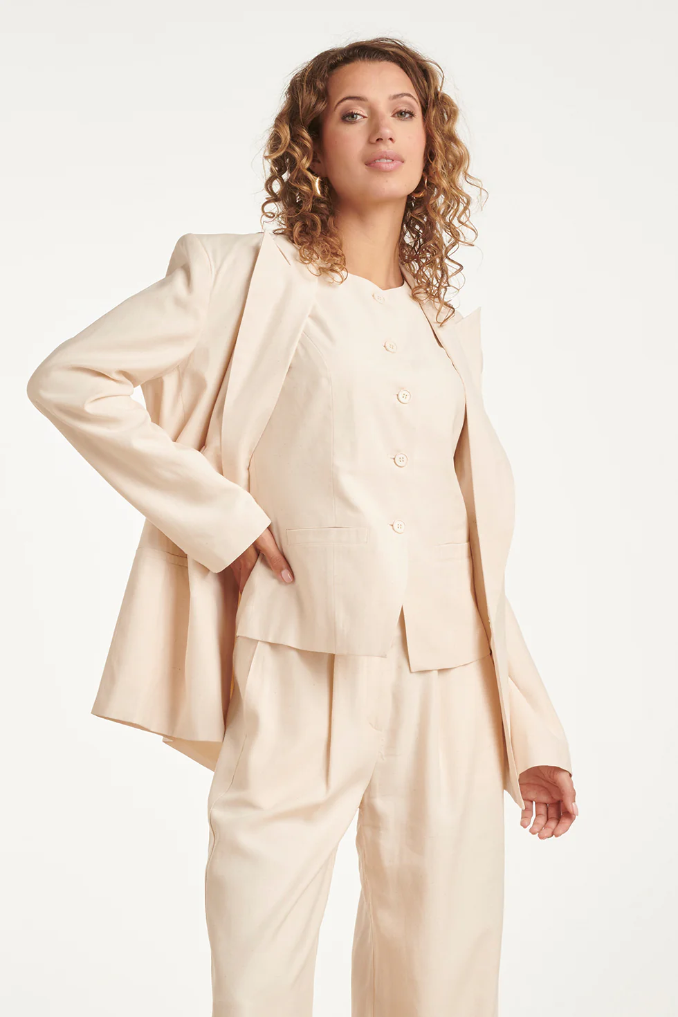Linnen-Look Blazer Met Dubbele Knoopsluiting | Sand