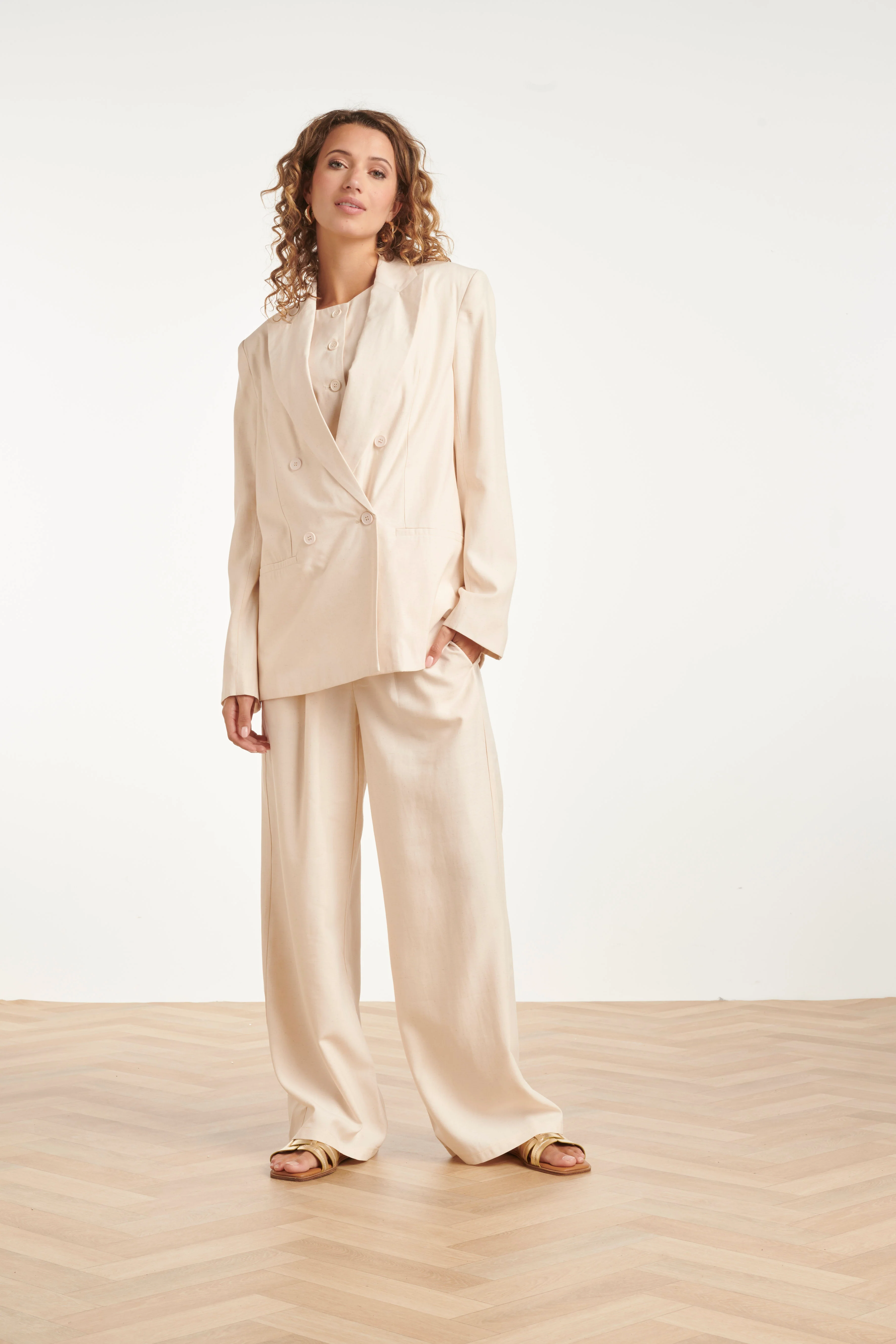 Linnen-Look Blazer Met Dubbele Knoopsluiting | Sand - Image 3